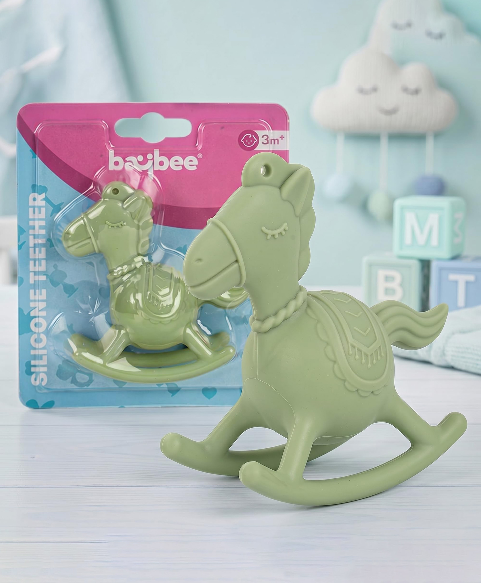 Baybee Horse Silicone Teether For Baby with Rattle Sound BPA Free Non Toxic Easy To Grasp and Hand Chewing Soother - Green-image-15