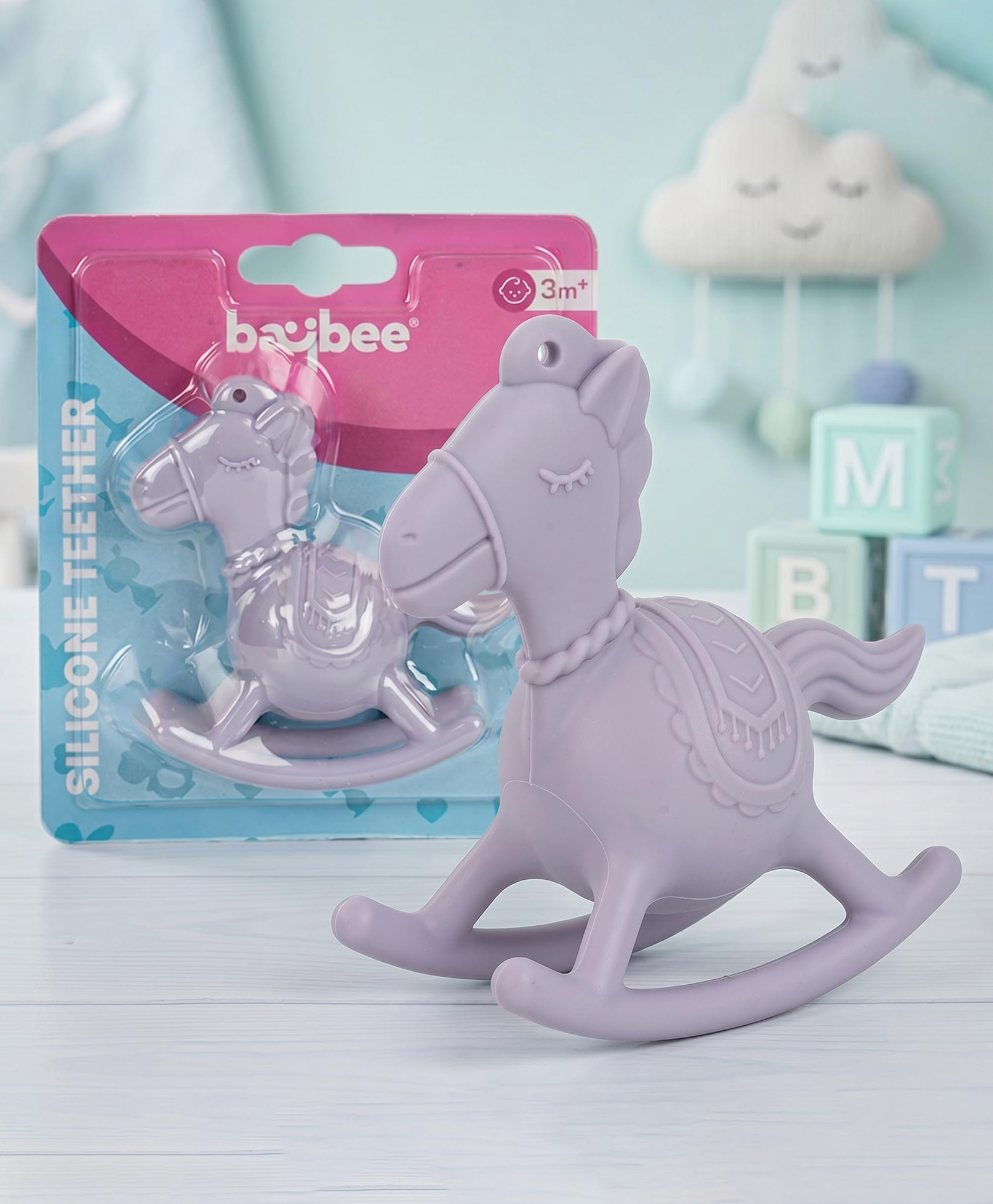 Baybee Horse Silicone Teether For Baby With Rattle Sound BPA Free Non Toxic Easy To Grasp And Hand Chewing Soother - Purple-picture-11