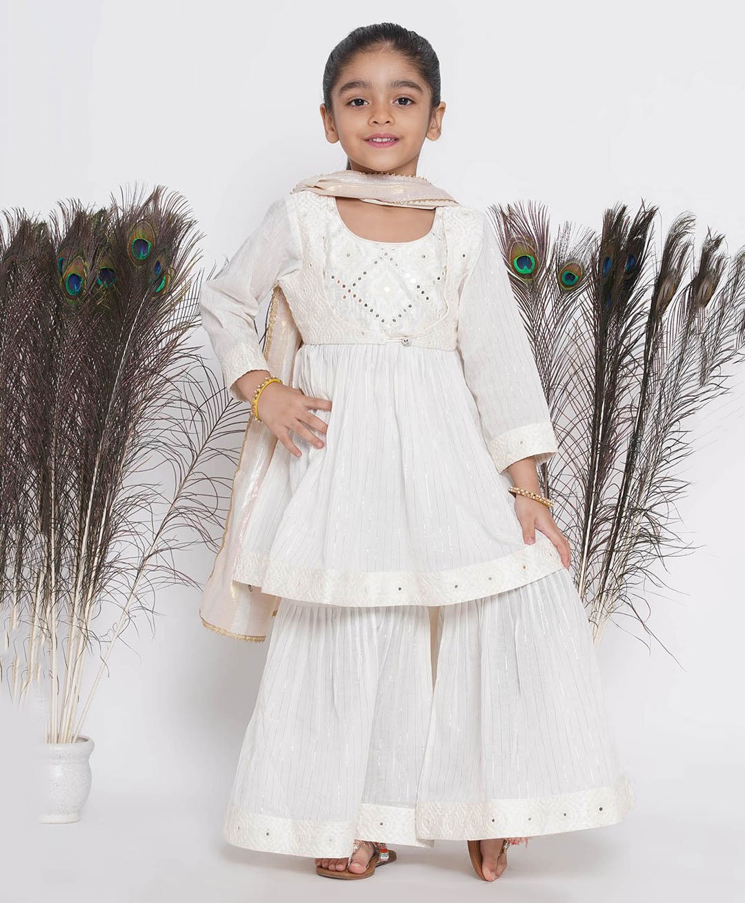 Little Bansi Full Sleeves Mirror Work Lines Detailed Attached Jacket Style Kurta With Sharara & Dupatta - Cream-image-43