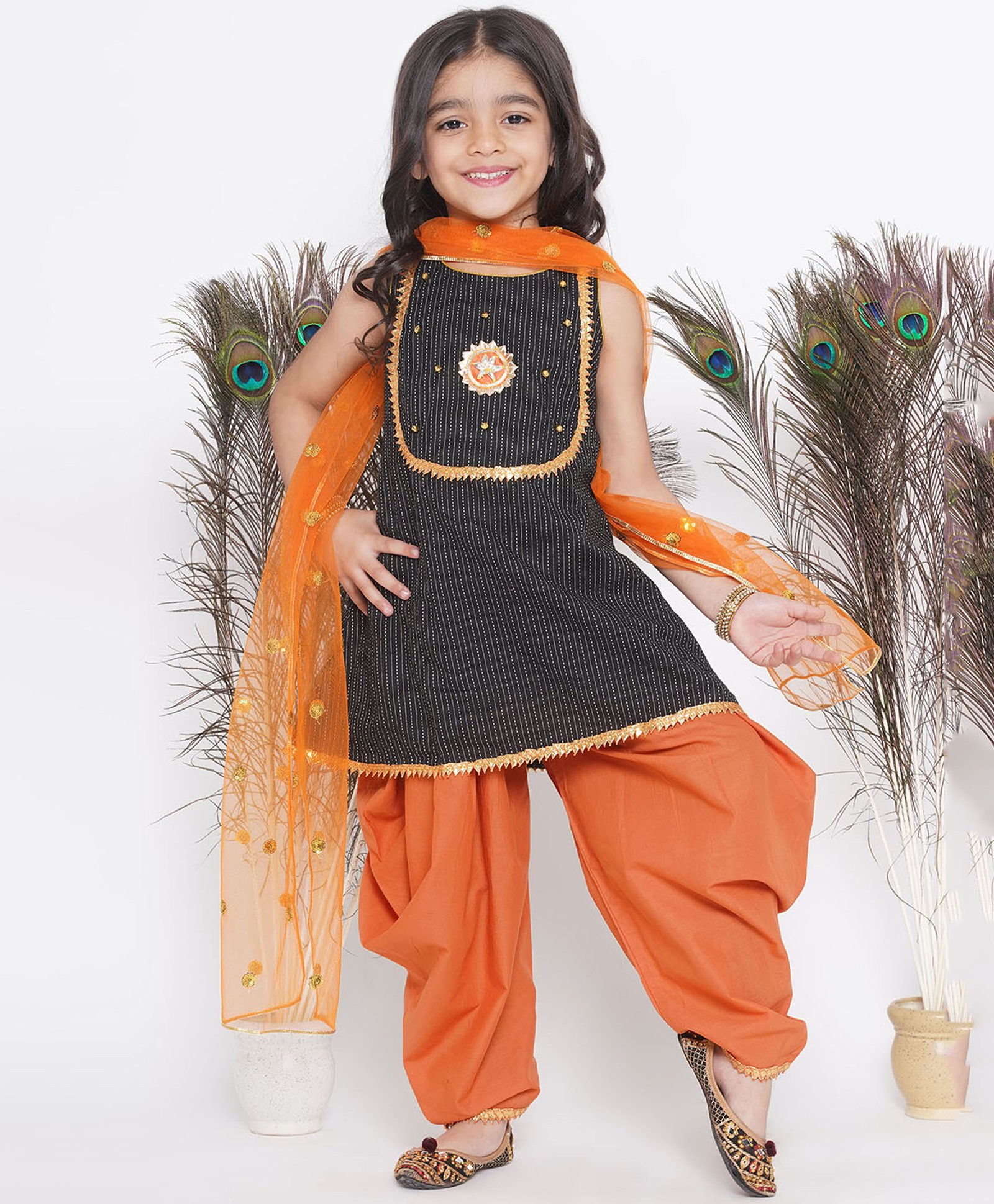 Little Bansi Sleeveless Jaipuri Thread Work Frock Style Kurta With With Ghungroo And Floral Booti Work With Salwar And Dupatta - Black & Orange-picture-17