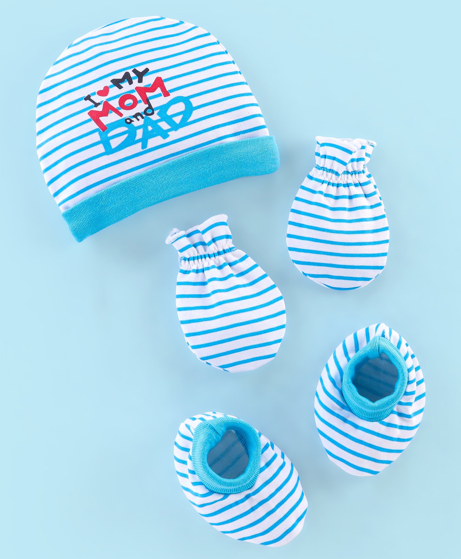 Babyhug 100% Cotton Knit Striped Cap Mittens & Booties Set Blue - Diameter 11 cm-image-27