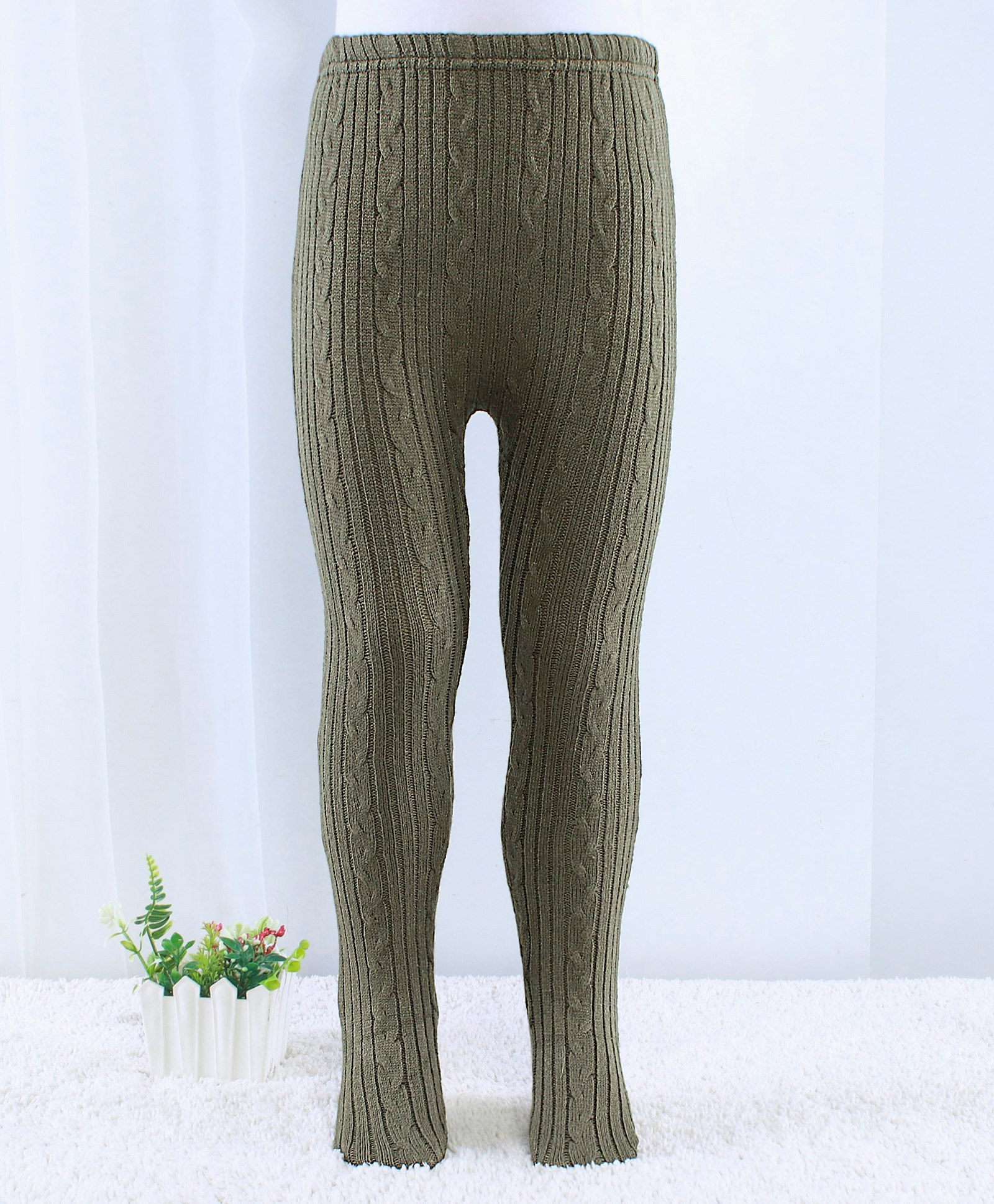 Babyhug Acrylic Knit Footed Woolen Pant with Cable Knit Design - Olive