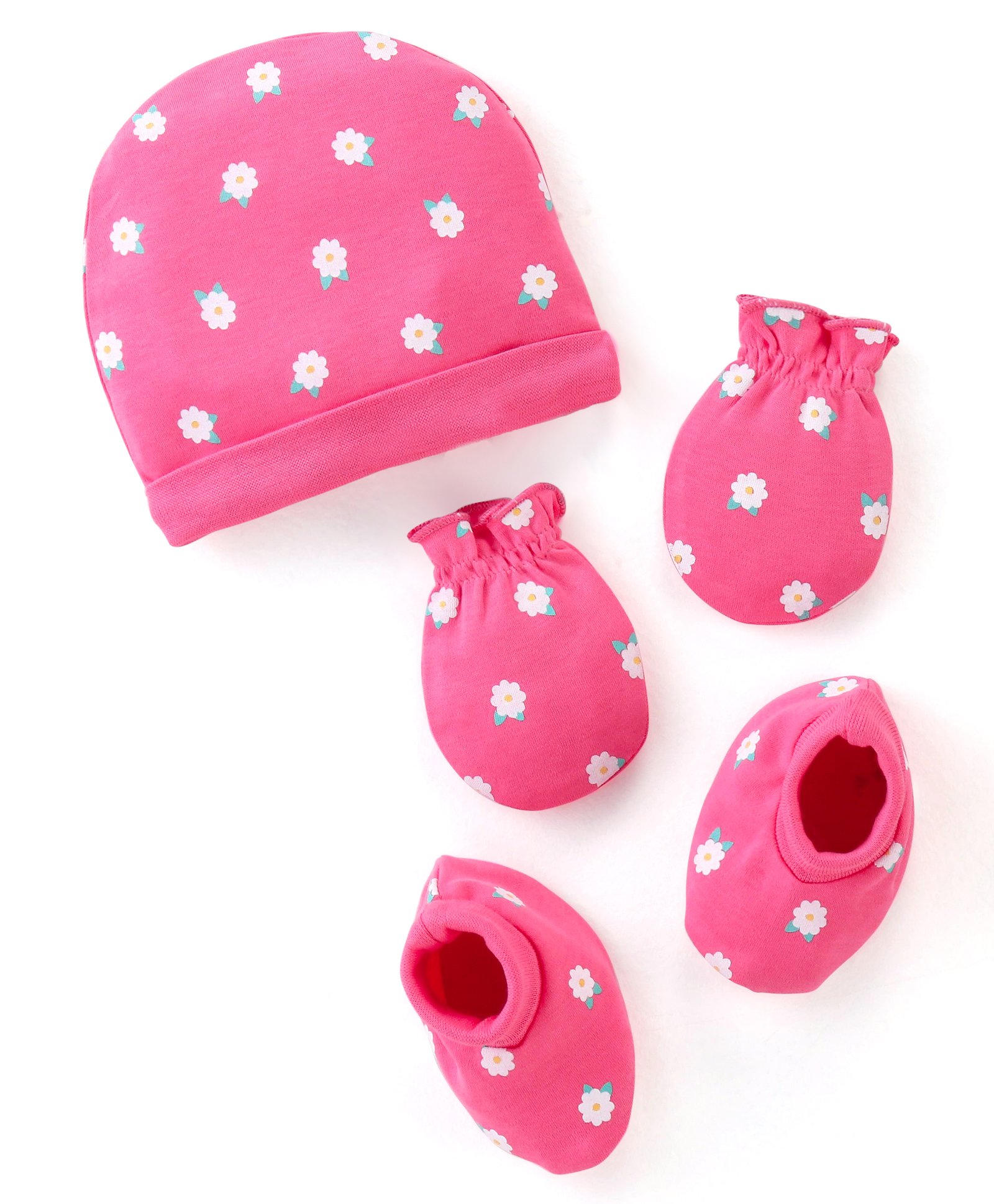 Babyhug 100% Cotton Cap Mittens And Booties Floral Print -  Pink-image-42