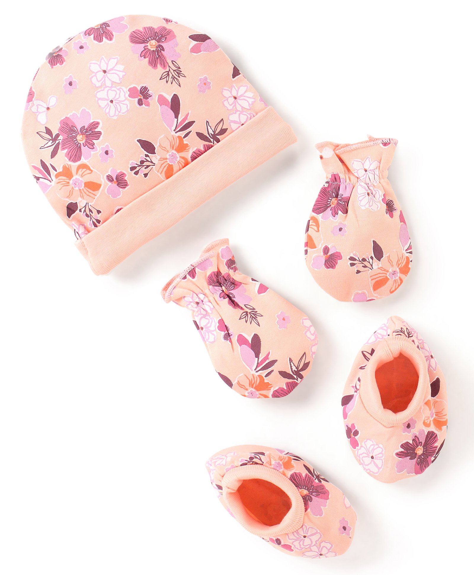 Babyhug 100% Cotton Knit Flower Printed Cap Mittens & Booties Set- Peach-image-38