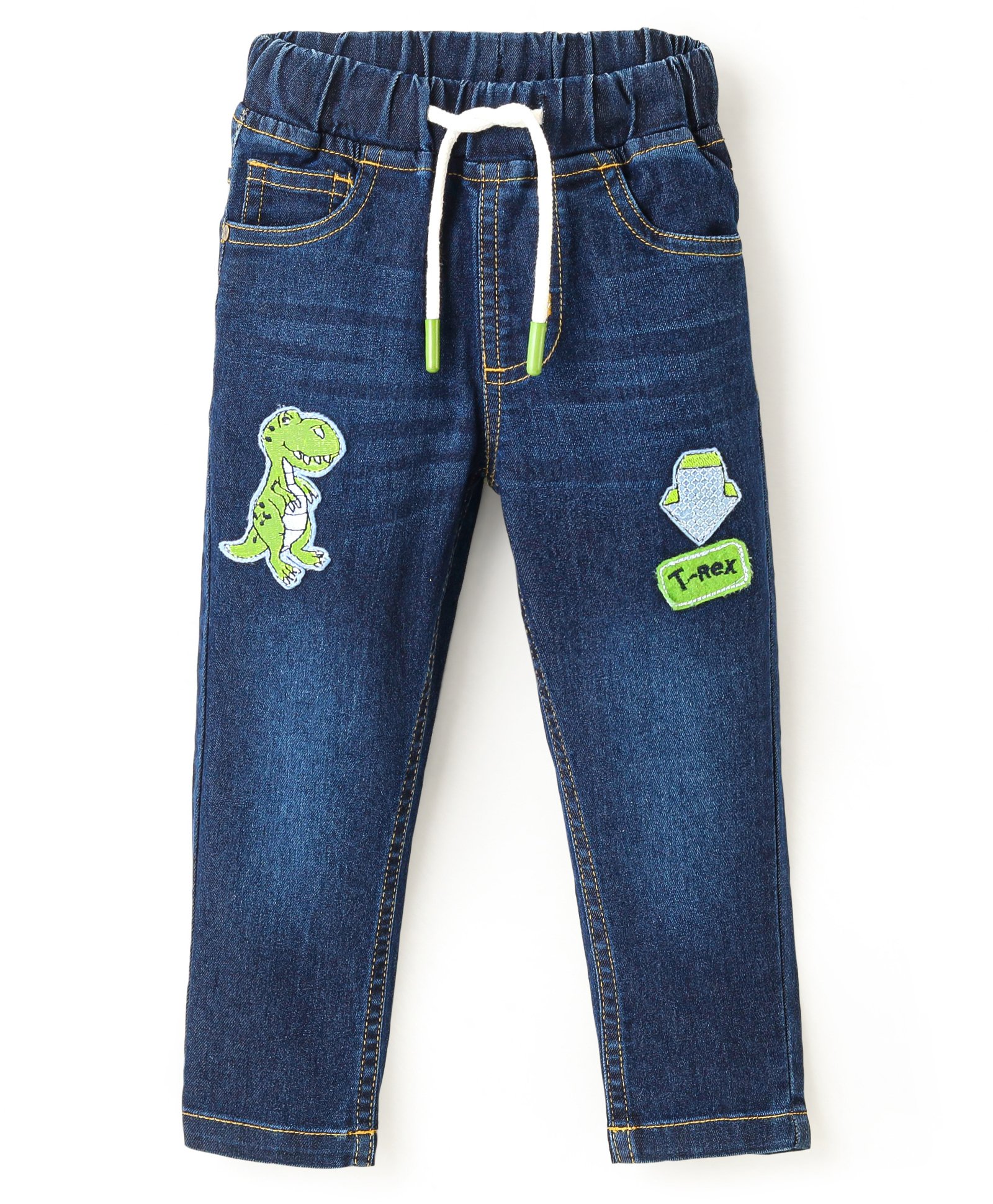 Babyhug Denim Full Length Washed Stretch Jeans Dino Embroidery - Blue-image-2