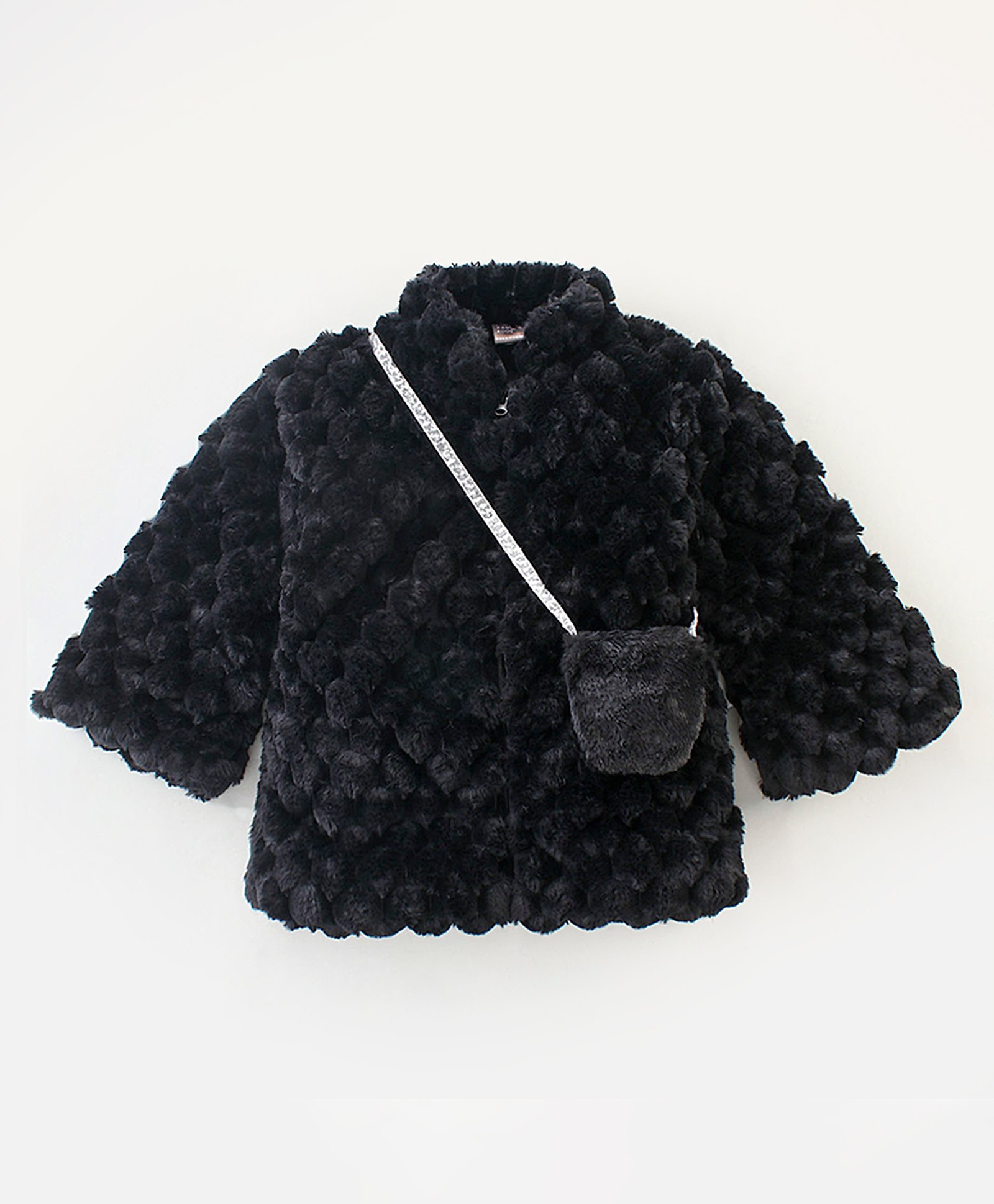 Little Kangaroos Full Sleeves Fur Jacket With Matching Purse Solid - Black-picture-23