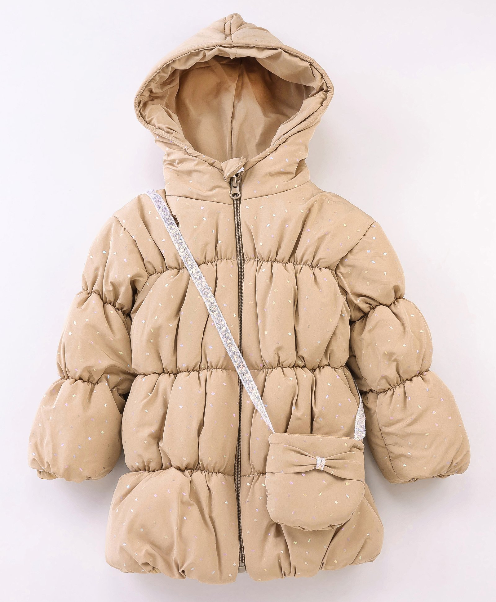 Little Kangaroos Taffeta Full Sleeves Solid Quilted Winter Jacket With Bag- Beige-picture-26