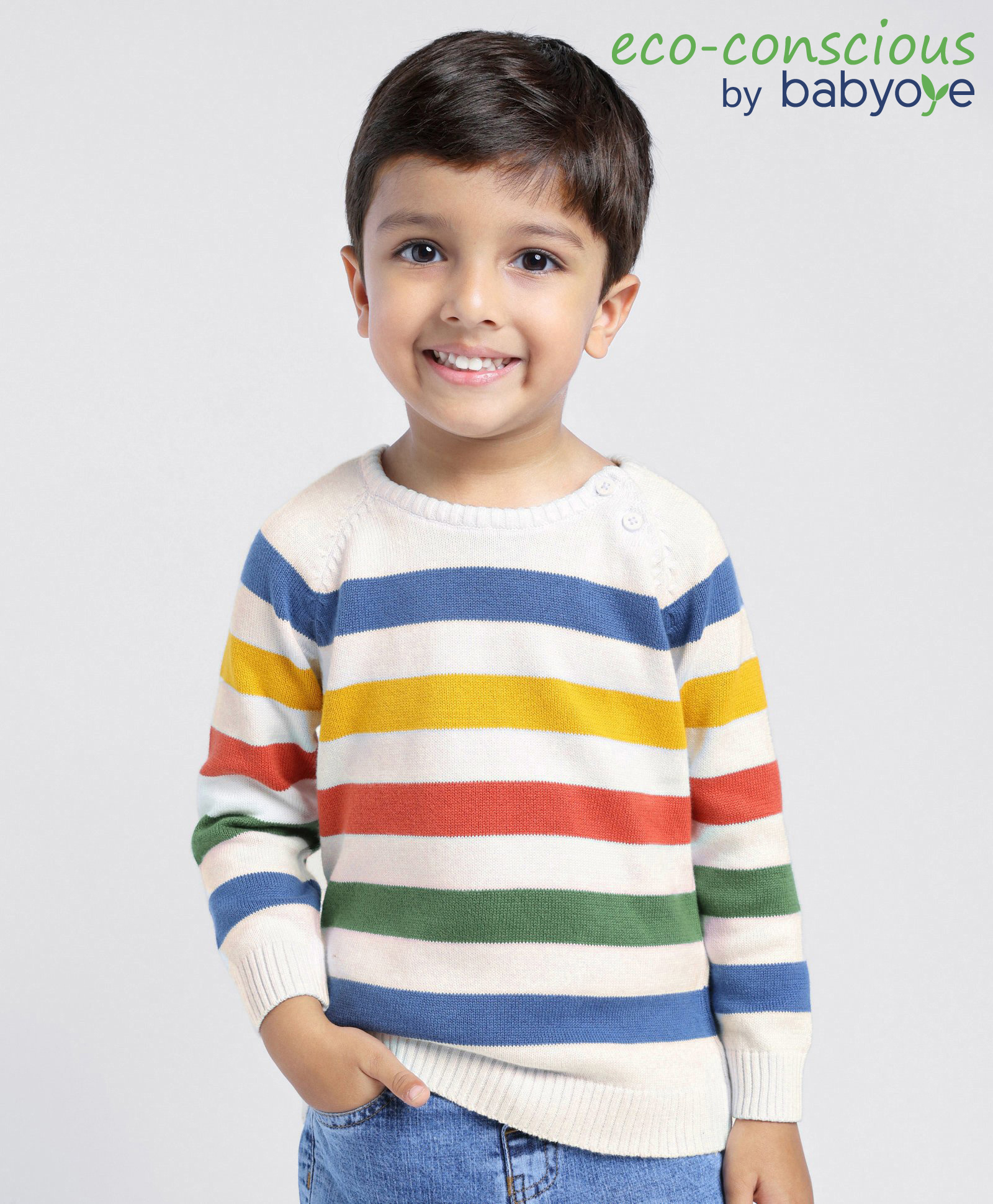 Babyoye 100% Cotton Knit Colour Blocked Full Sleeves Pullover Sweater - White Blue & Yellow-image-49