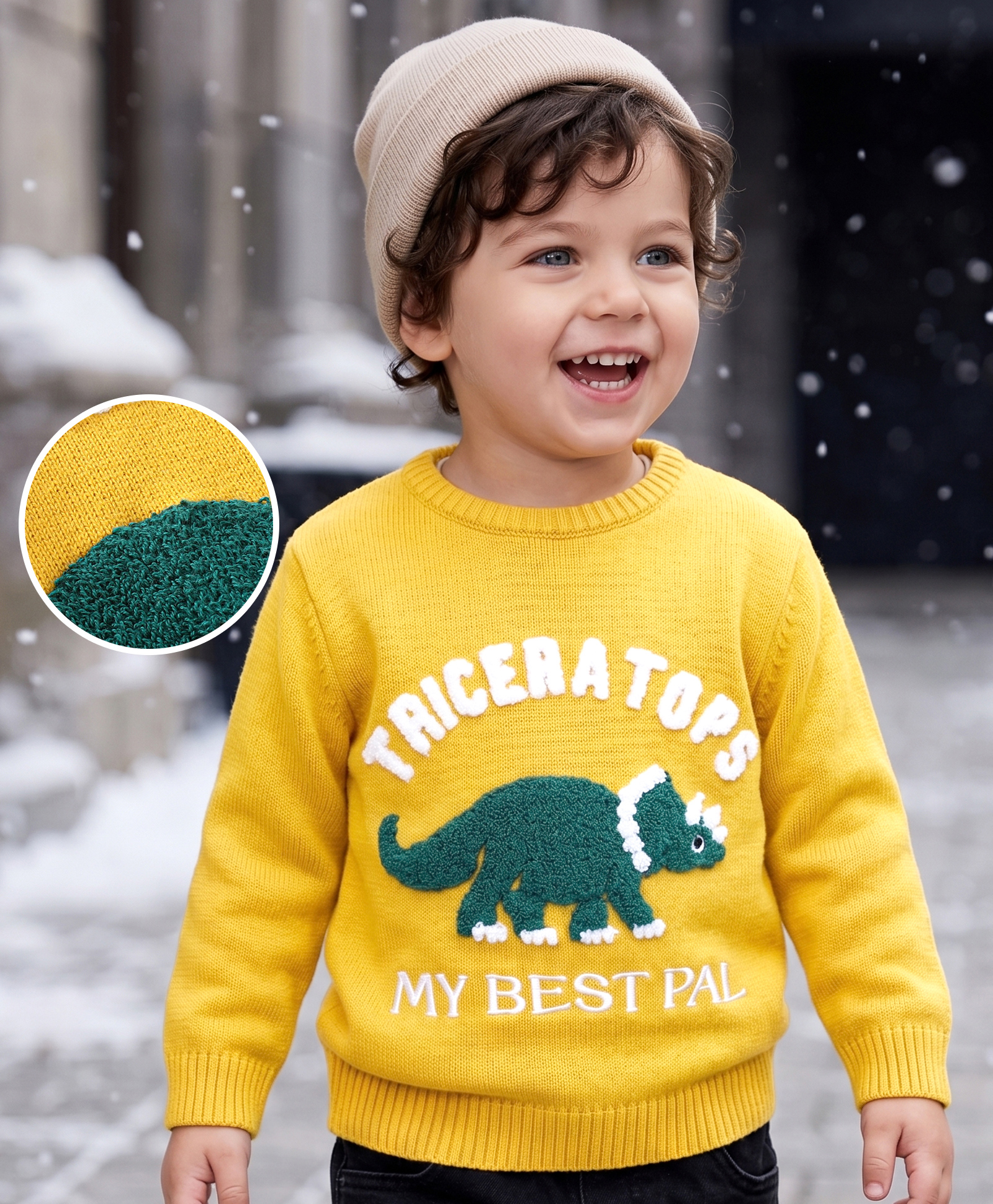 Babyoye  100% Cotton Solid Dyed Full Sleeves Dino & Text Design Sweater - Yellow-image-25