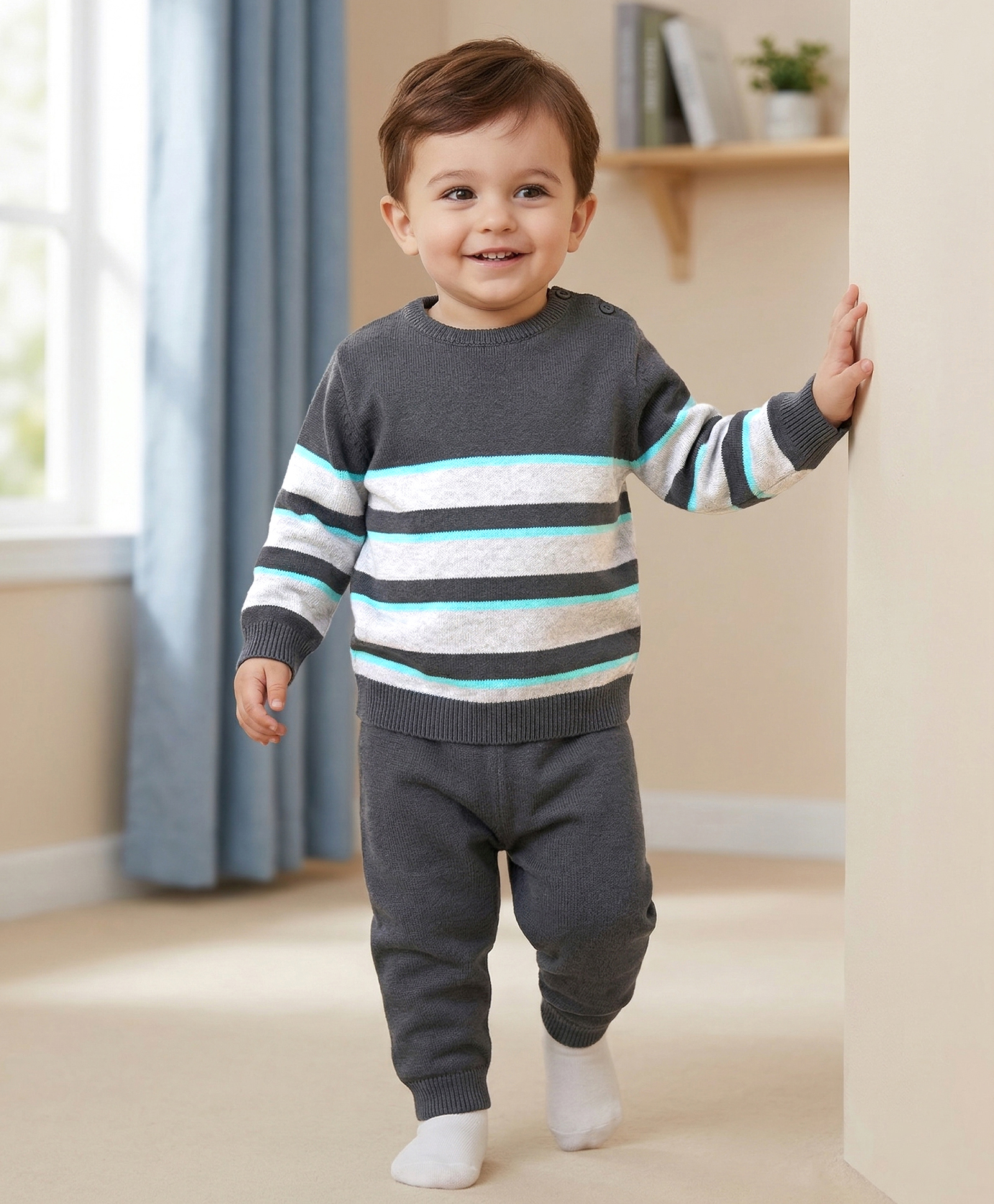 Babyoye  100% Cotton Stripes Full Sleeves Baby Sweater Sets  -Grey-image-38