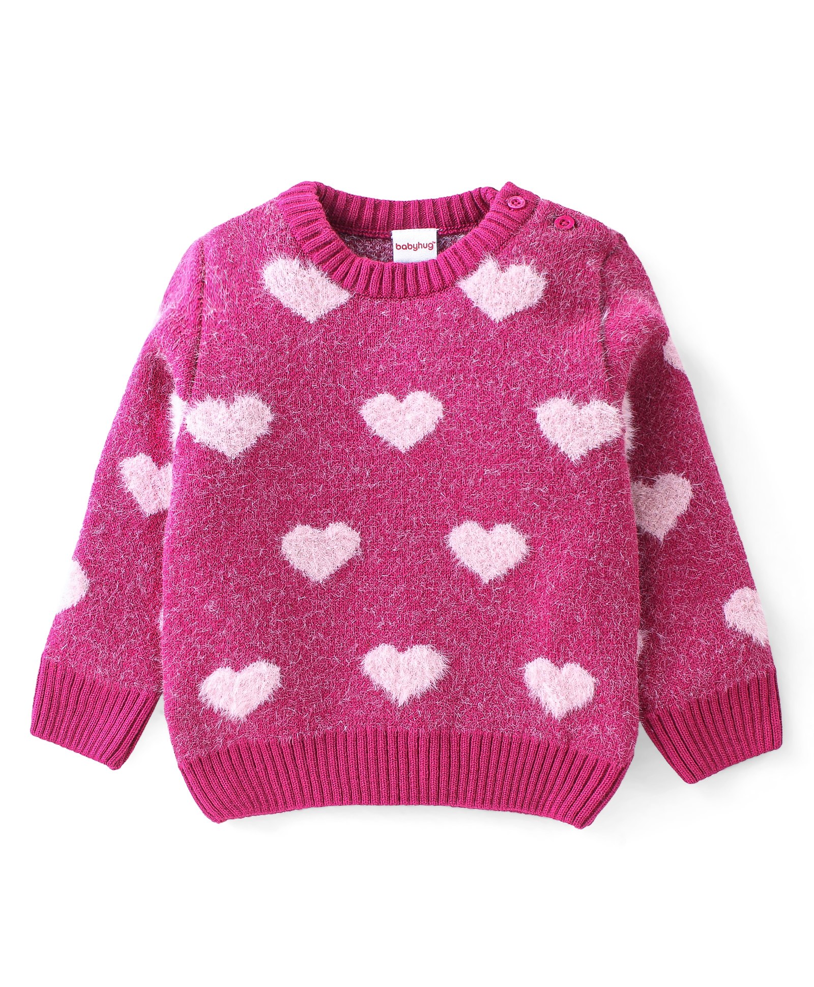 Babyhug Acrylic Knit Full Sleeves Sweater with Heart Design - Fuchsia-image-1
