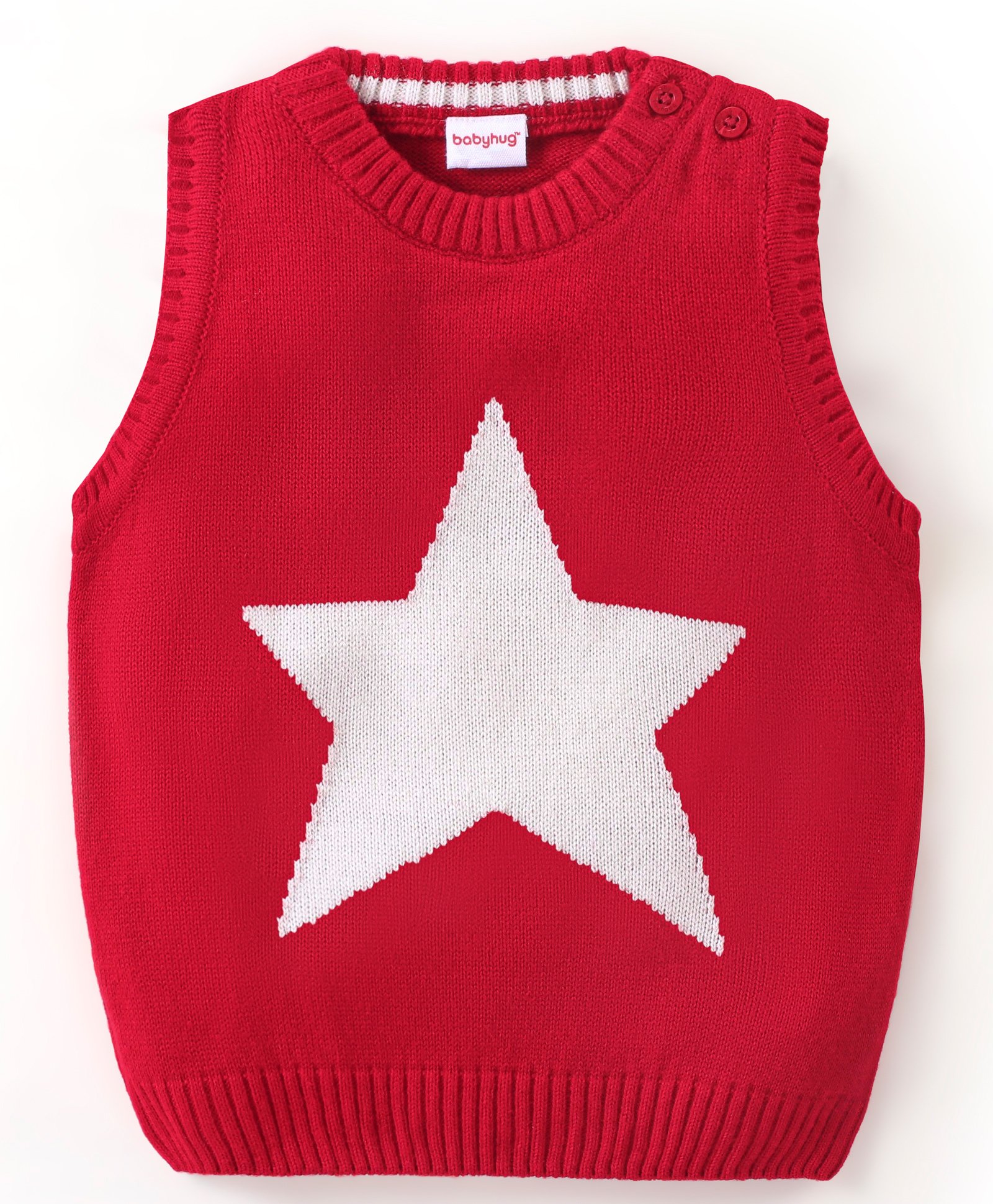 Babyhug 100% Acrylic Knit Sleeveless Sweater Star Design - Red-image-1