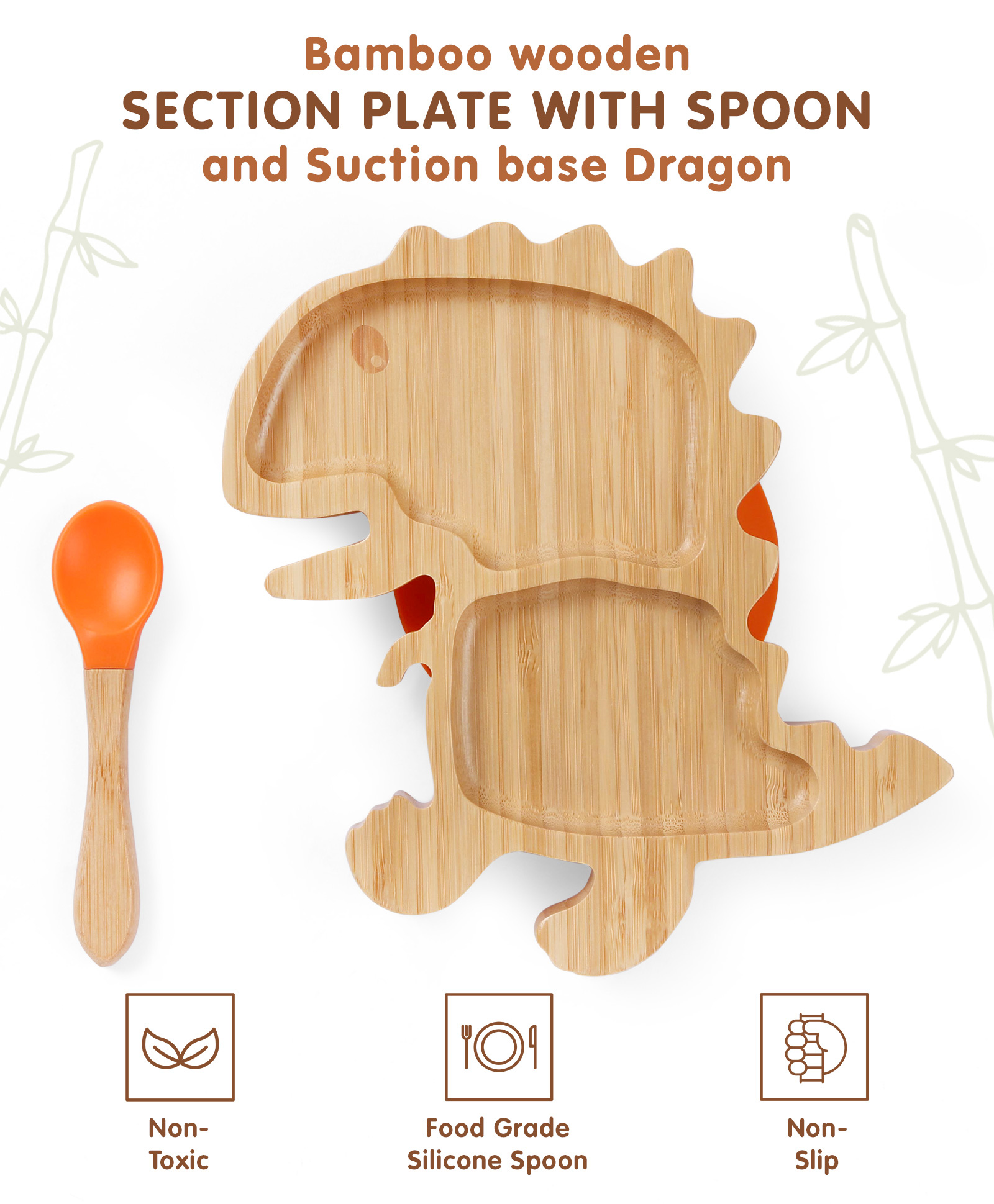 fab n funky Dragon Shaped Bamboo Wooden 2 Compartment Section Plate with Spoon Suction Base - Beige & Orange-picture-18