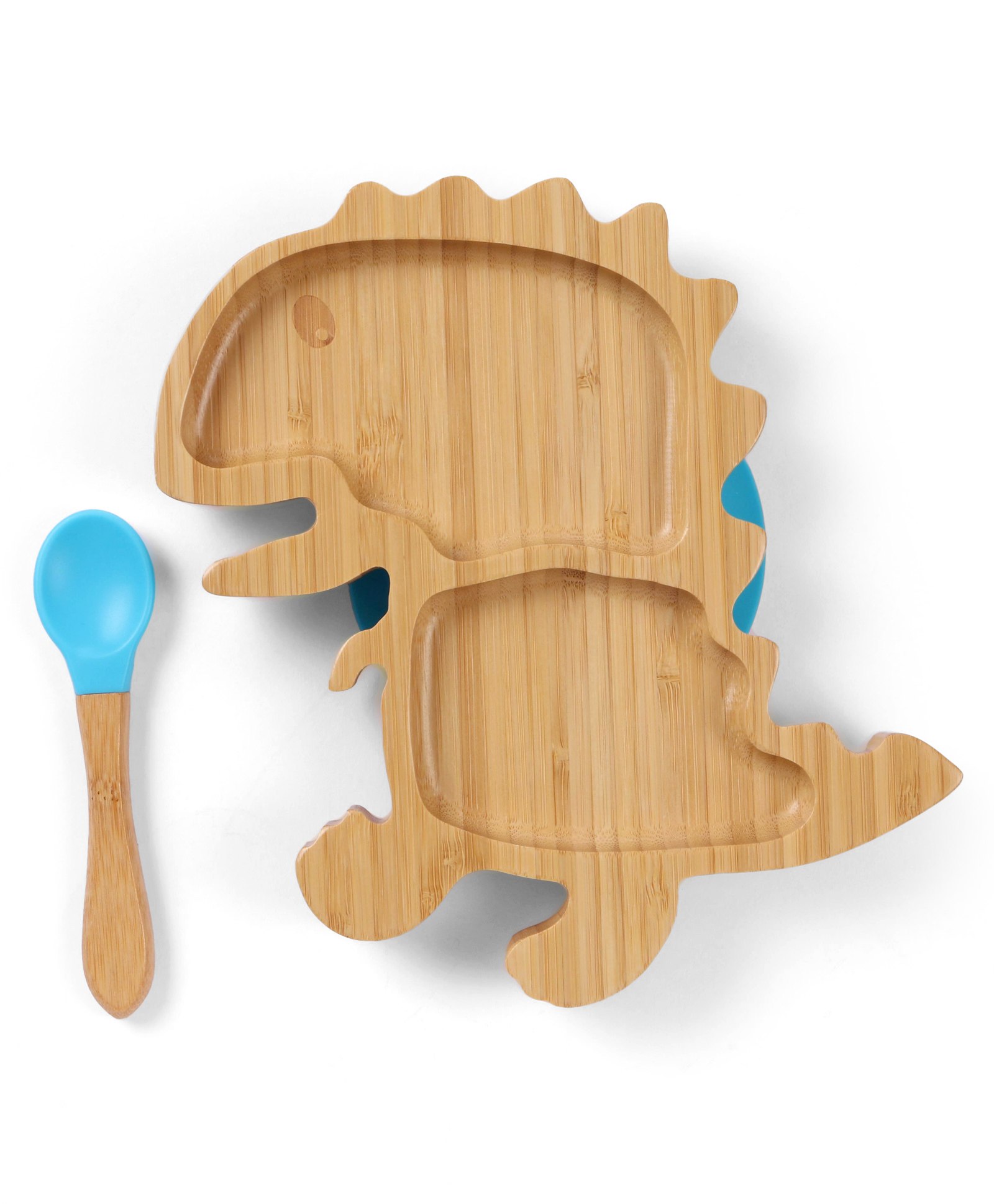 fab n funky Dragon Shaped Bamboo Wooden 2 Compartment Section Plate with Spoon Suction Base - Beige & Blue-picture-17