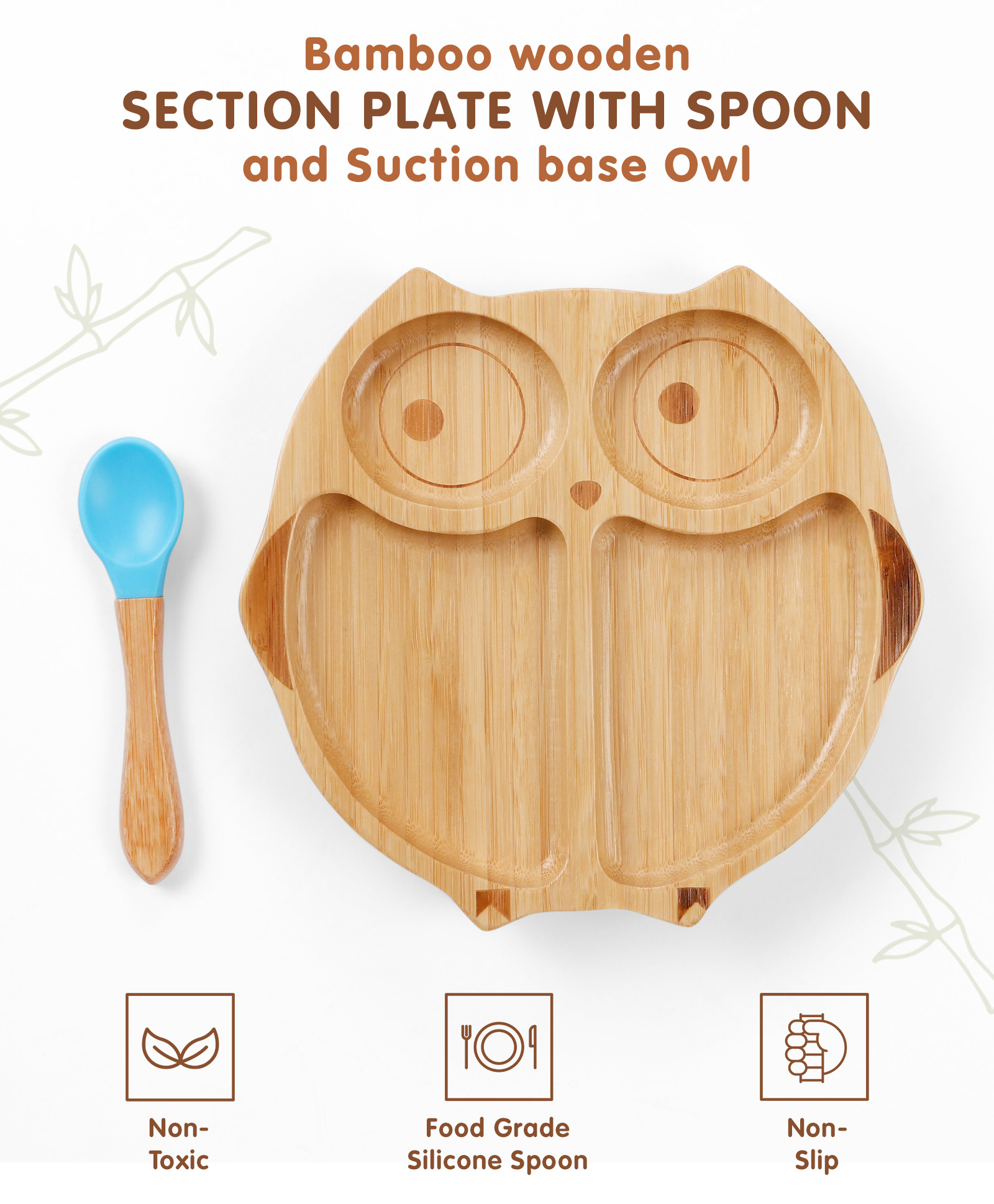 fab n funky Owl Shaped Bamboo Wooden 4 Compartment Section Plate with Spoon - Blue-picture-21