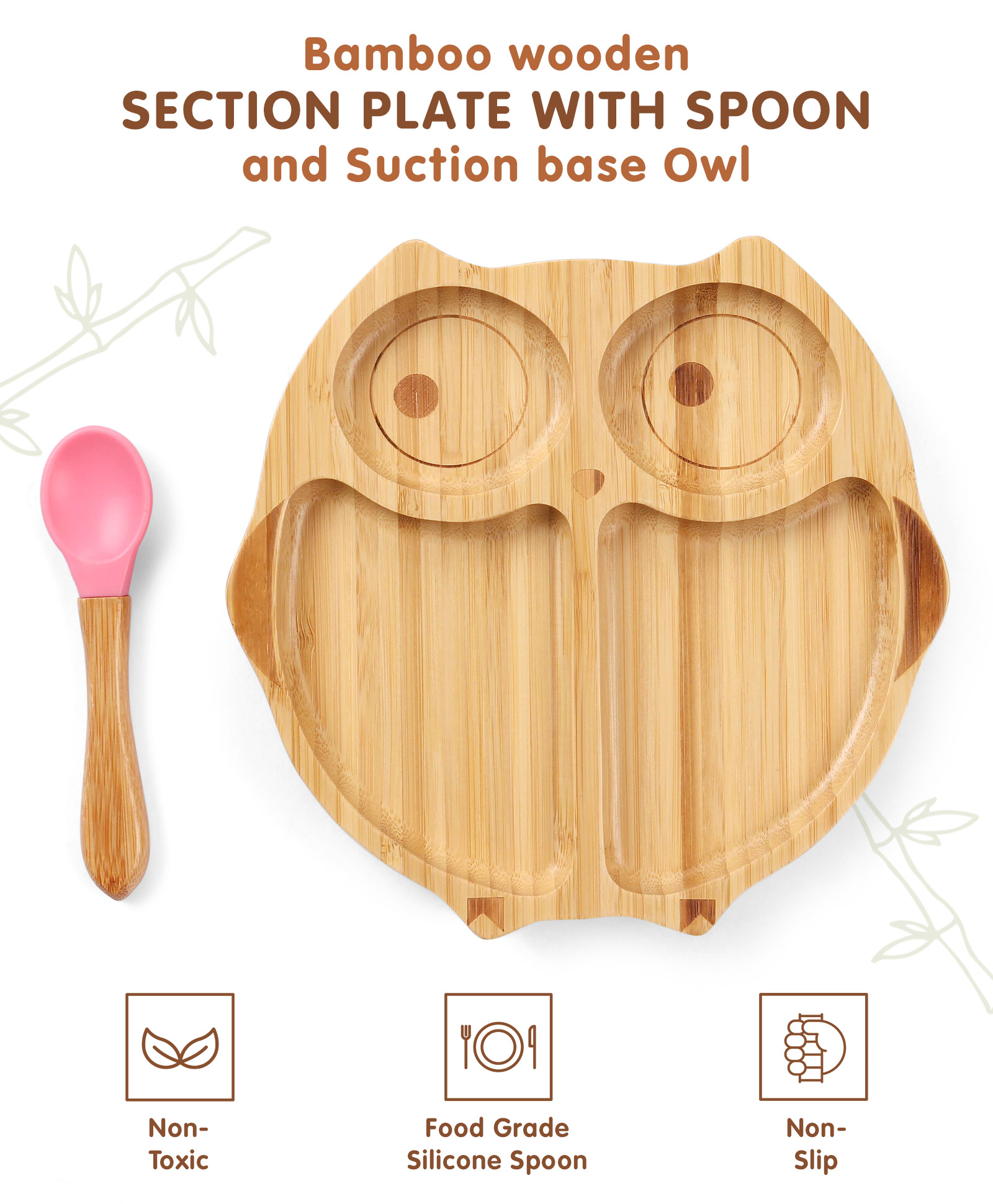 Owl Shaped Bamboo Wooden 4 Compartment Section Plate with Spoon - Pink