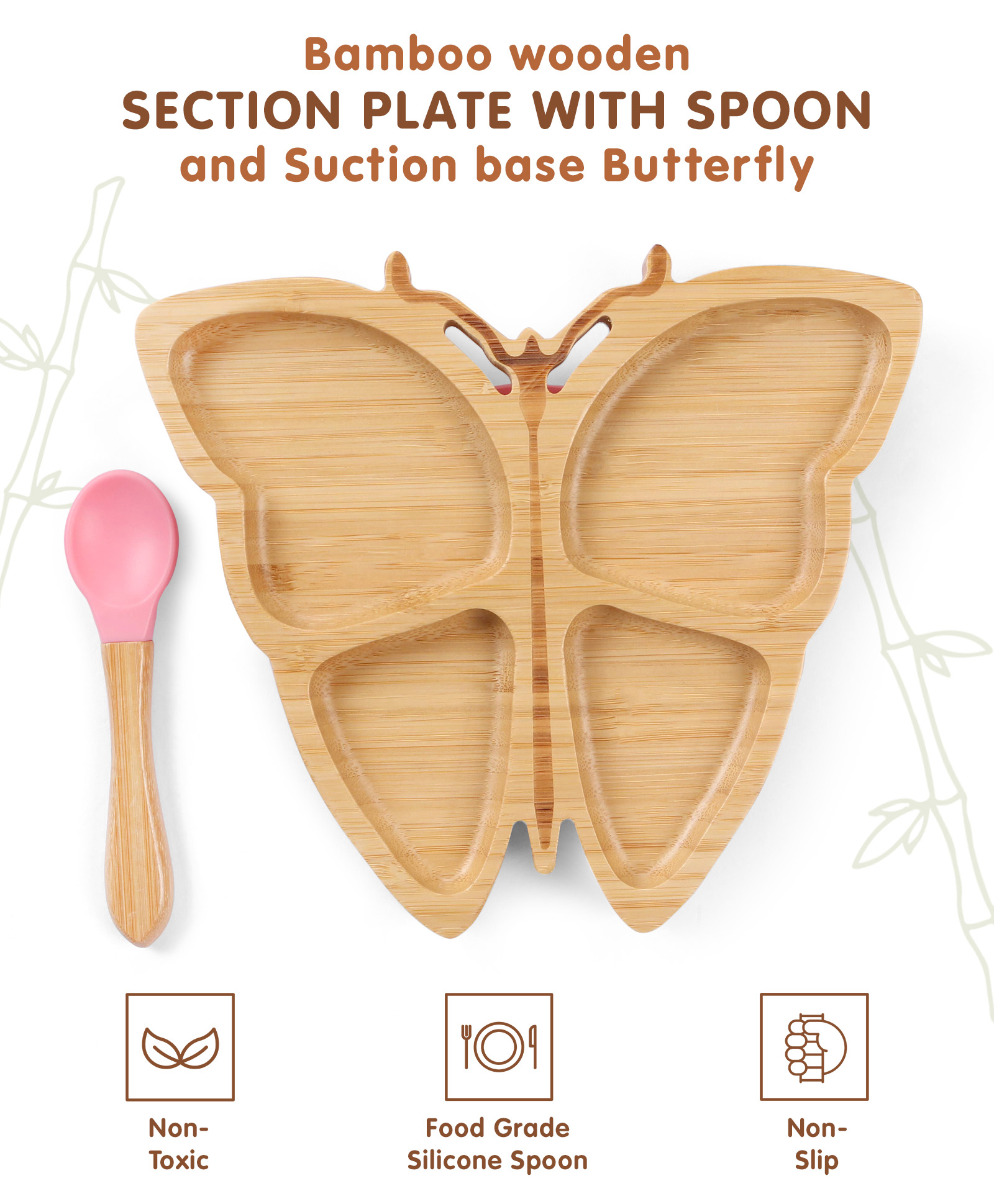 fab n funky Butterfly Shaped Bamboo Wooden 4 Compartment Section Plate with Spoon - Pink-picture-13