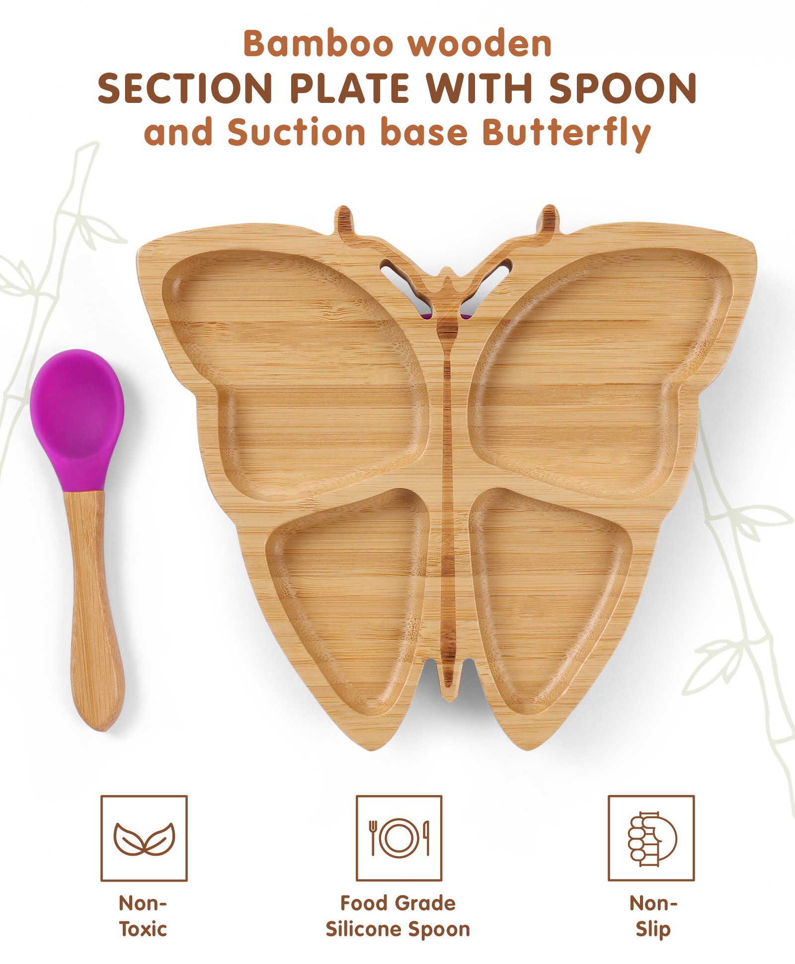 fab n funky Butterfly Shaped Bamboo Wooden 4 Compartment Section Plate with Spoon - Purple-picture-15