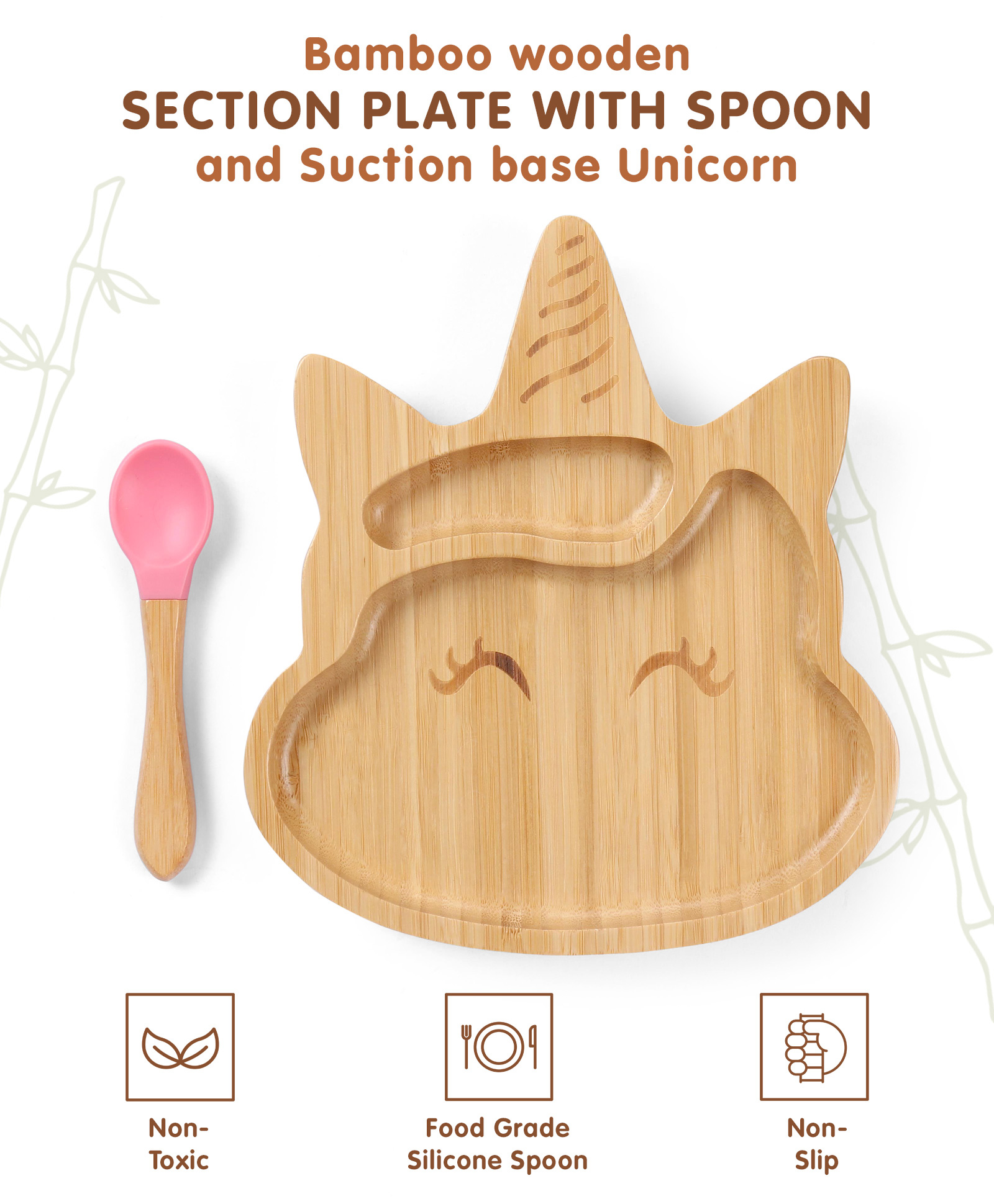 fab n funky Unicorn Shaped Bamboo Wooden 2 Compartment Section Plate with Spoon - Pink-picture-20