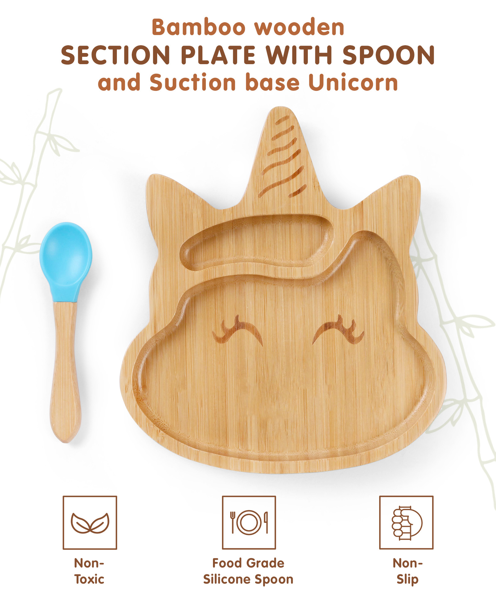 fab n funky Unicorn Shaped Bamboo Wooden 2 Compartment Section Plate with Spoon - Blue-picture-26