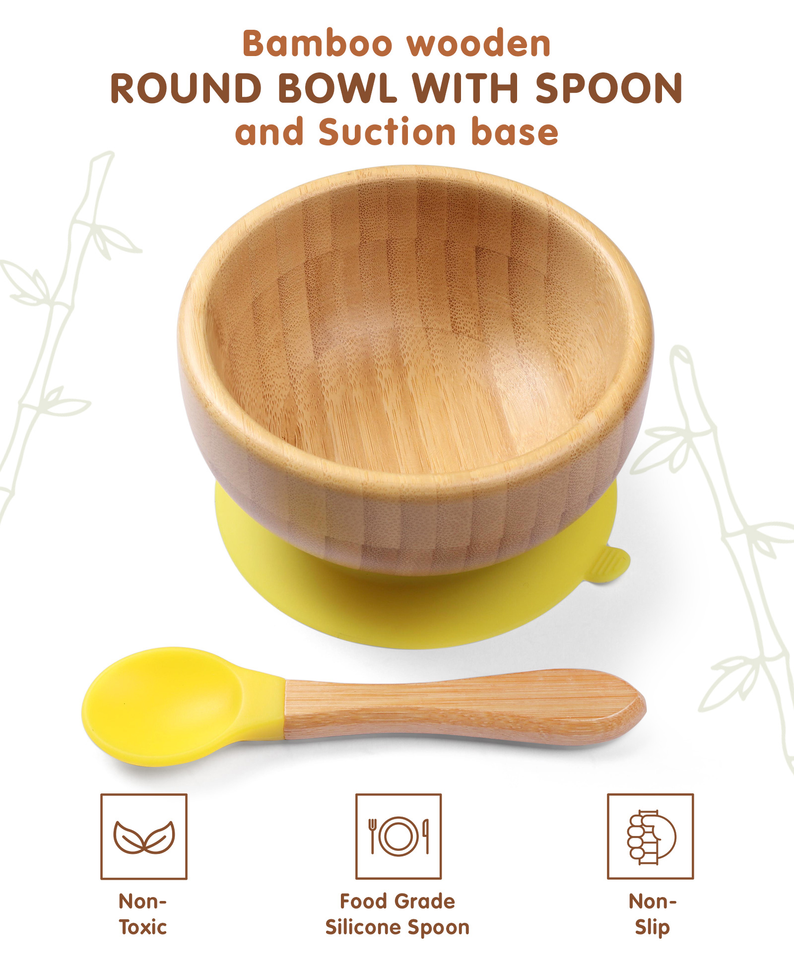 fab n funky Bamboo Wooden Round Bowl with Spoon & Suction Base - Yellow-picture-15