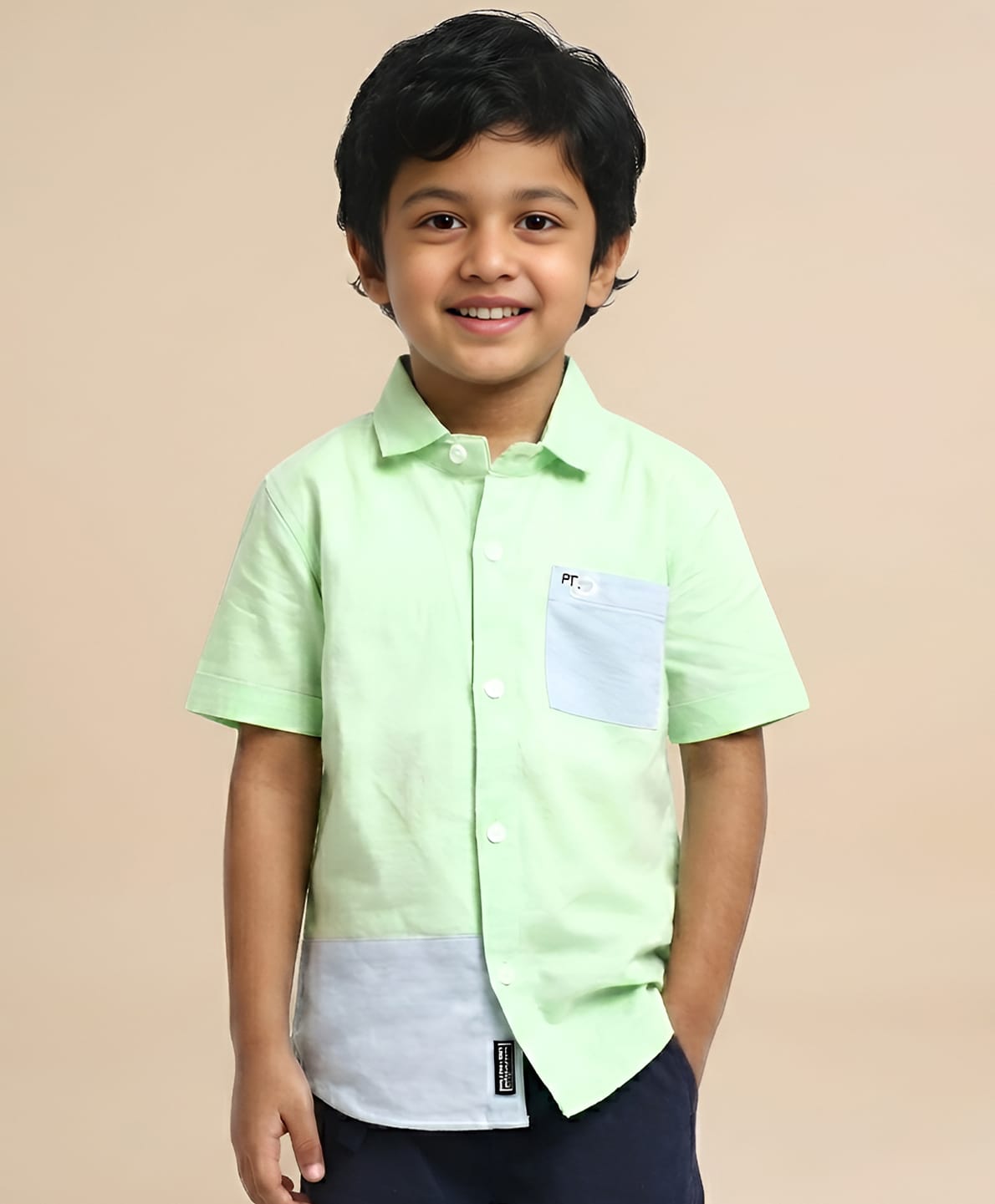 Polka Tots Half Sleeves Dual Color Patch Designed Solid Shirt - Green-image-44