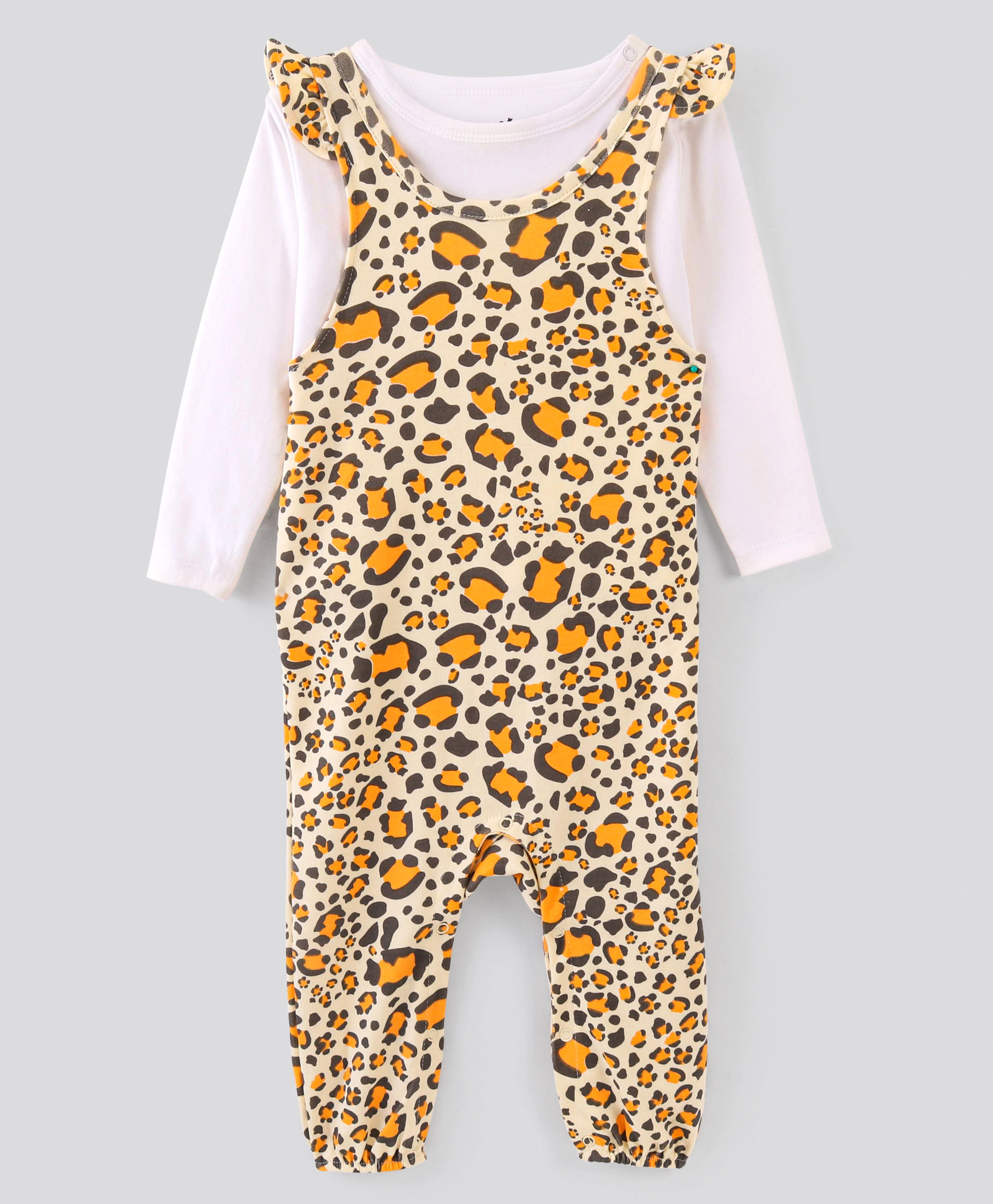 Bonfino 100% Cotton Knit Dungaree Style Romper with Full Sleeves T-Shirt Leopard Print - Beige & White-picture-38