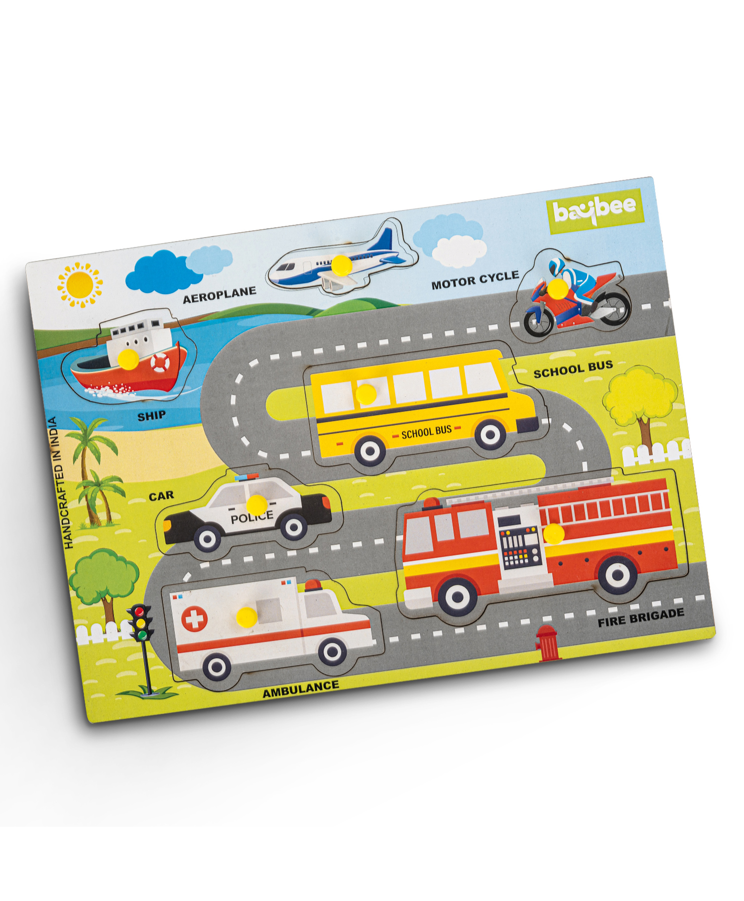 Baybee Wooden Transport Vehicles Theme Board Puzzle with Knob & Peg Pre-School Learning and Educational Toys for Kids Multicolour -  7 Pieces-picture-22