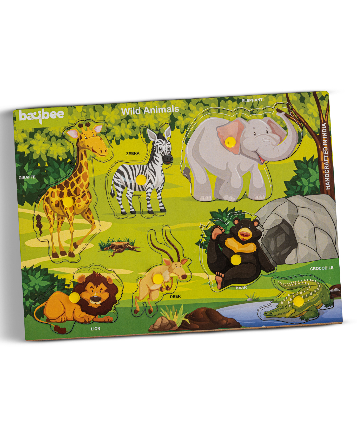 Baybee Wooden Wild Animals Theme Board Puzzle with Knob and Peg Pre School Learning and Educational Toys for Kids Multicolour -  7 Pieces-picture-21