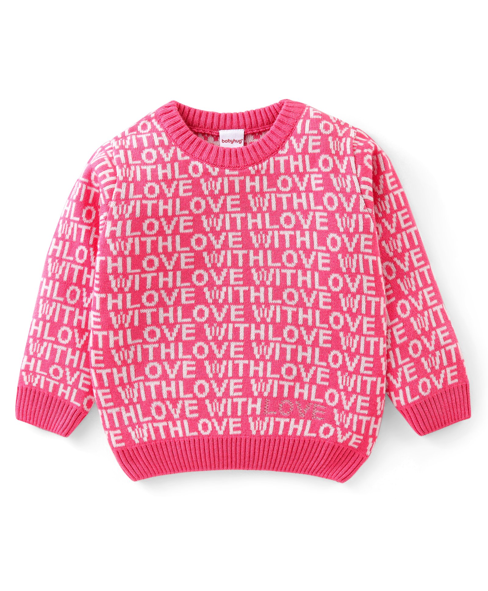 Babyhug Acrylic Knit Full Sleeves Text Design Pullover - Pink-image-16