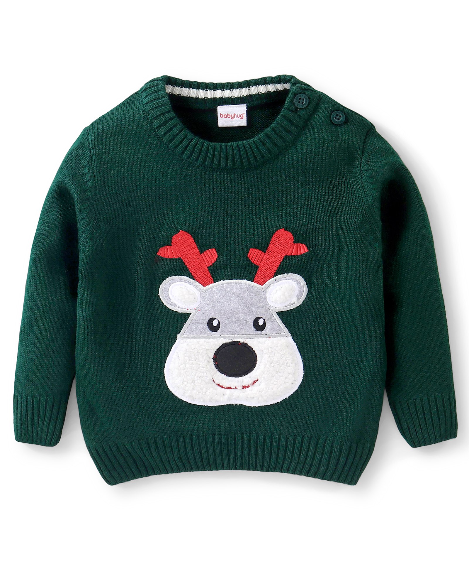 Babyhug Full Sleeves Pullover Style Sweater Reindeer Patch - Green-image-34