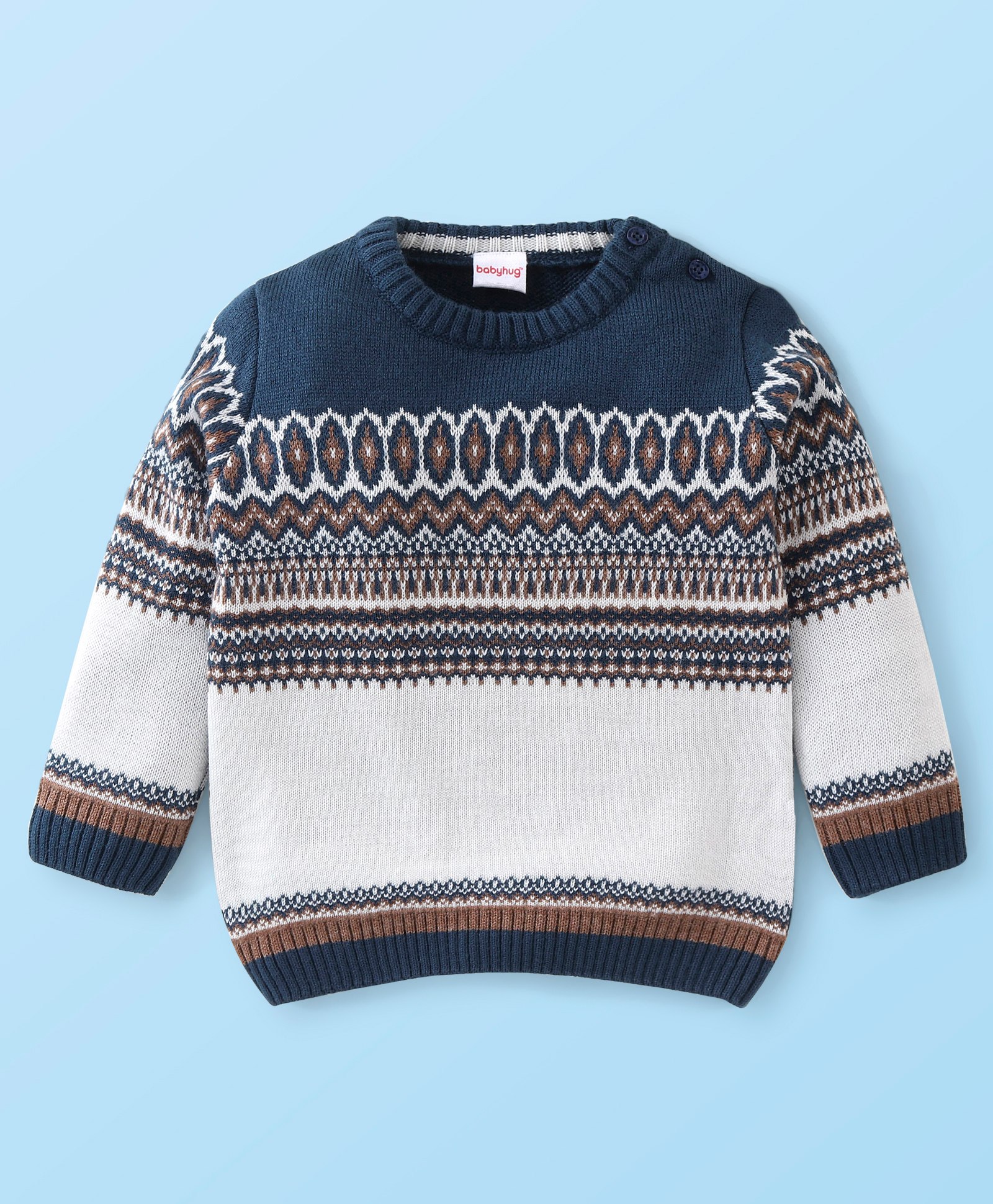 Babyhug Full Sleeves Intarsia Design Sweater - Grey & Navy Blue-image-0