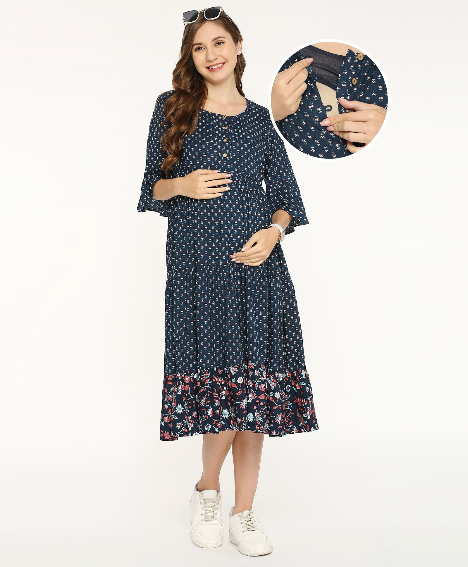 Bella Mama Women Viscose Three Forth Sleeves Maternity Dresses With Pocket Floral Print - Navy Blue-image-19