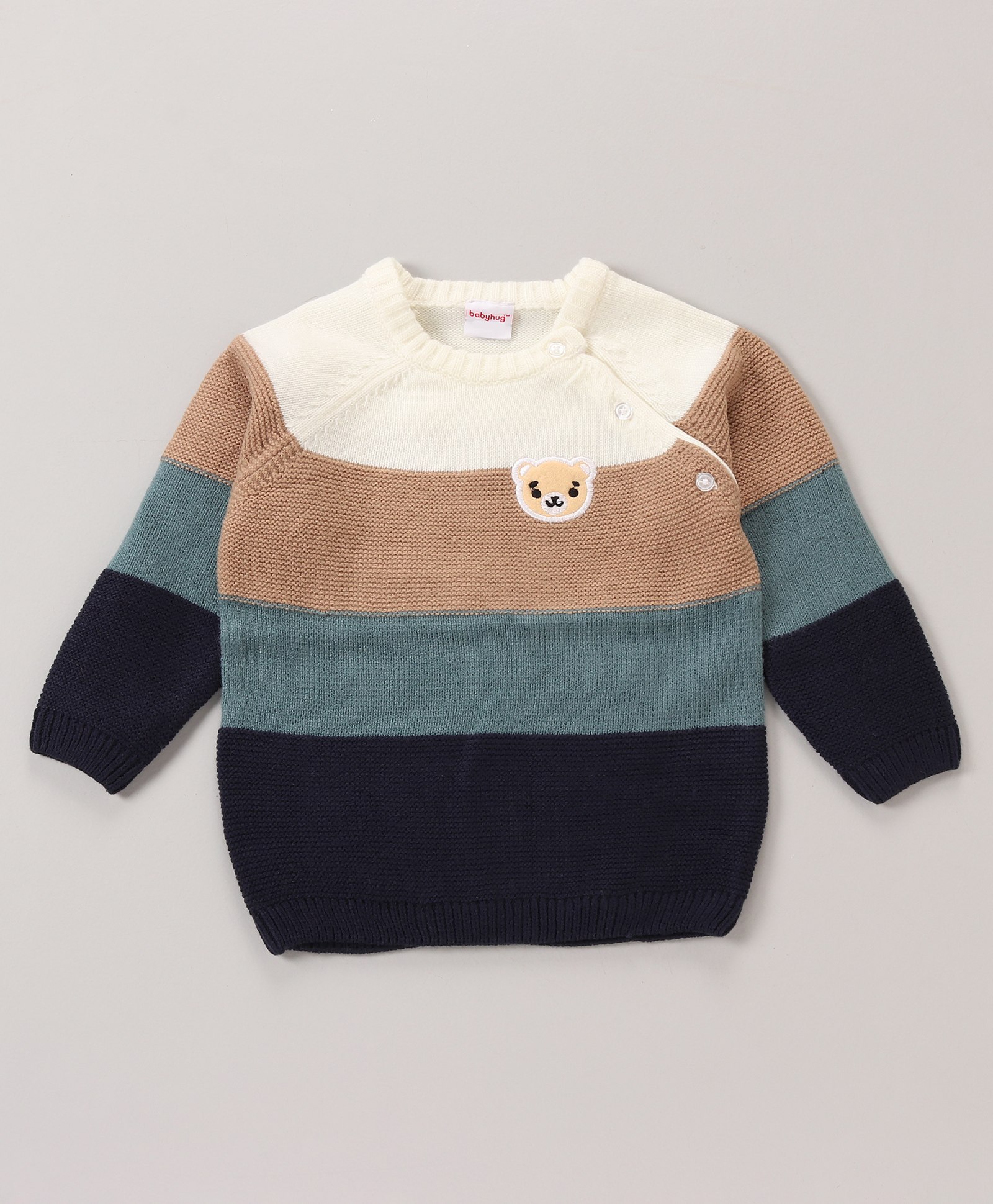Babyhug Full Sleeves Sweater Stripes Design With Bear Embroidery- Blue Brown & White-image-43