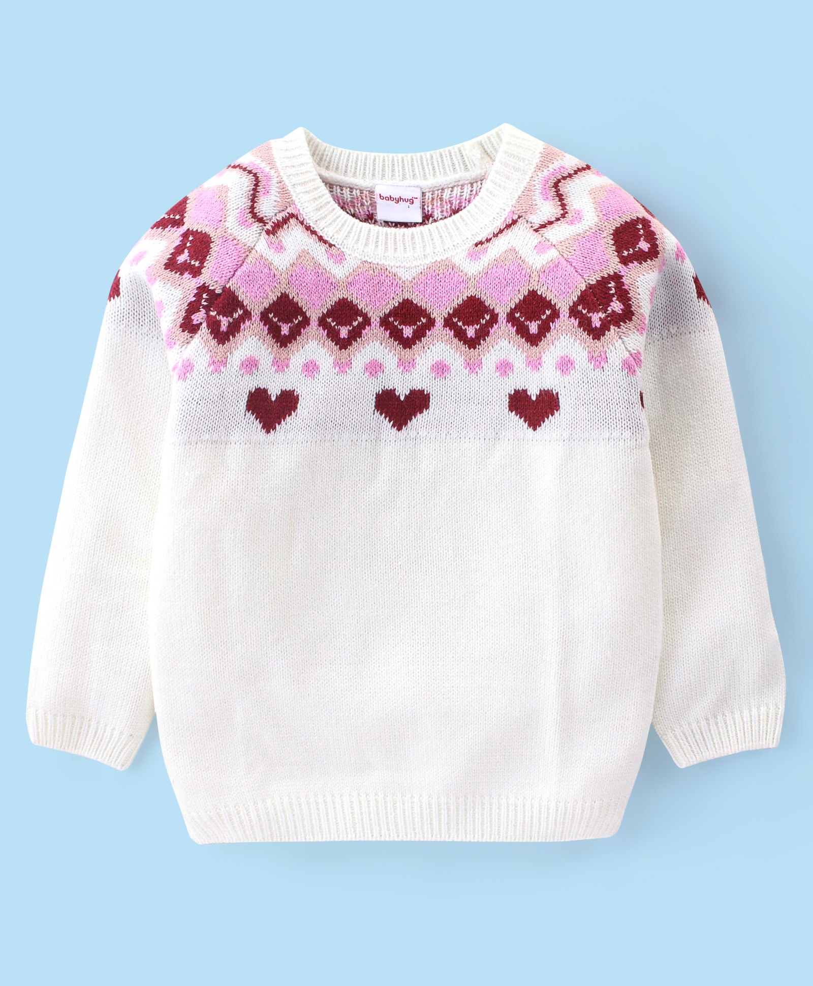 Babyhug Acrylic Full Sleeves Sweater Heart Design- White & Pink-image-46