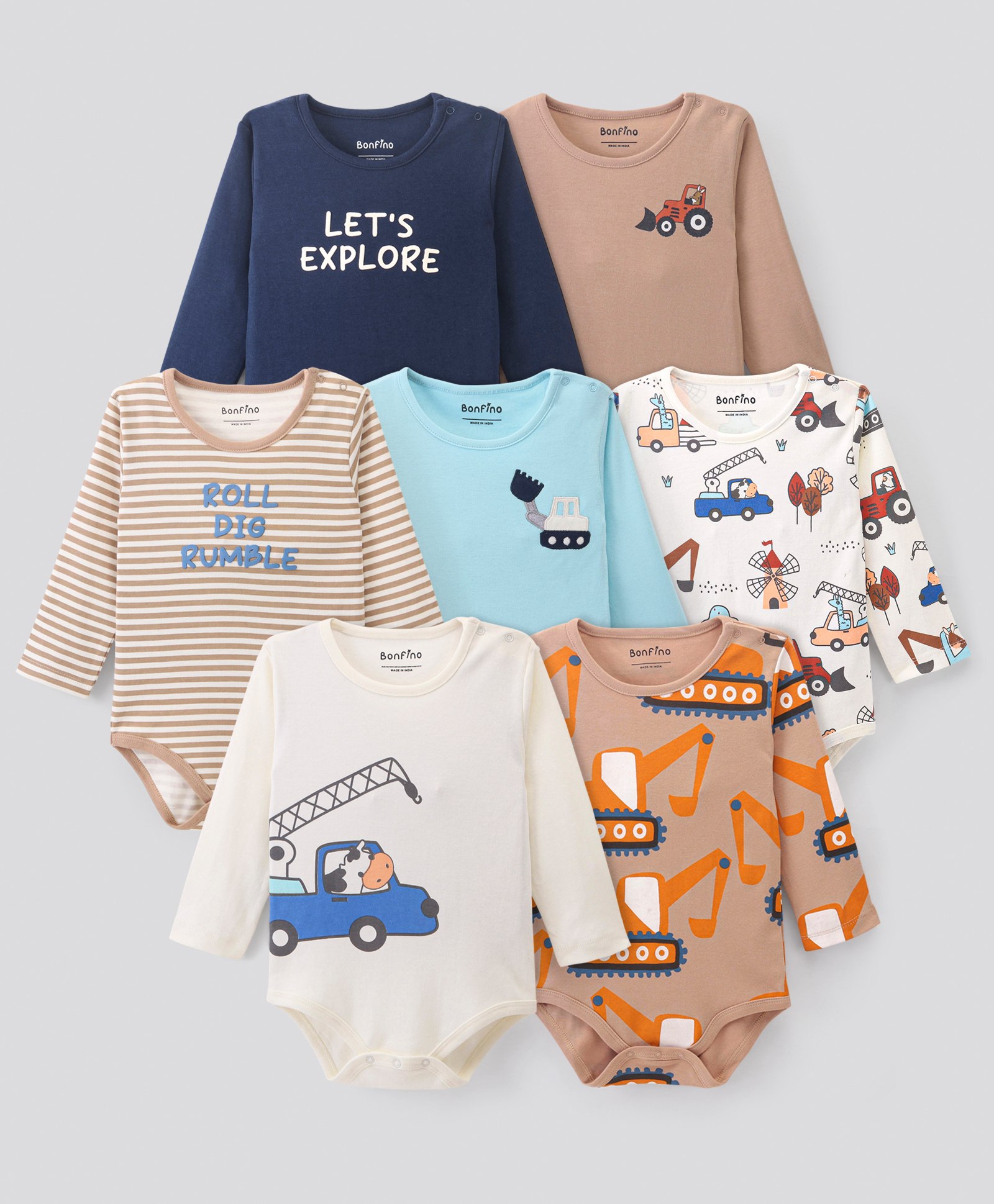 Bonfino Cotton Knit Full Sleeves Vehicle Printed & Striped Onesies Pack of 7 - Multicolor