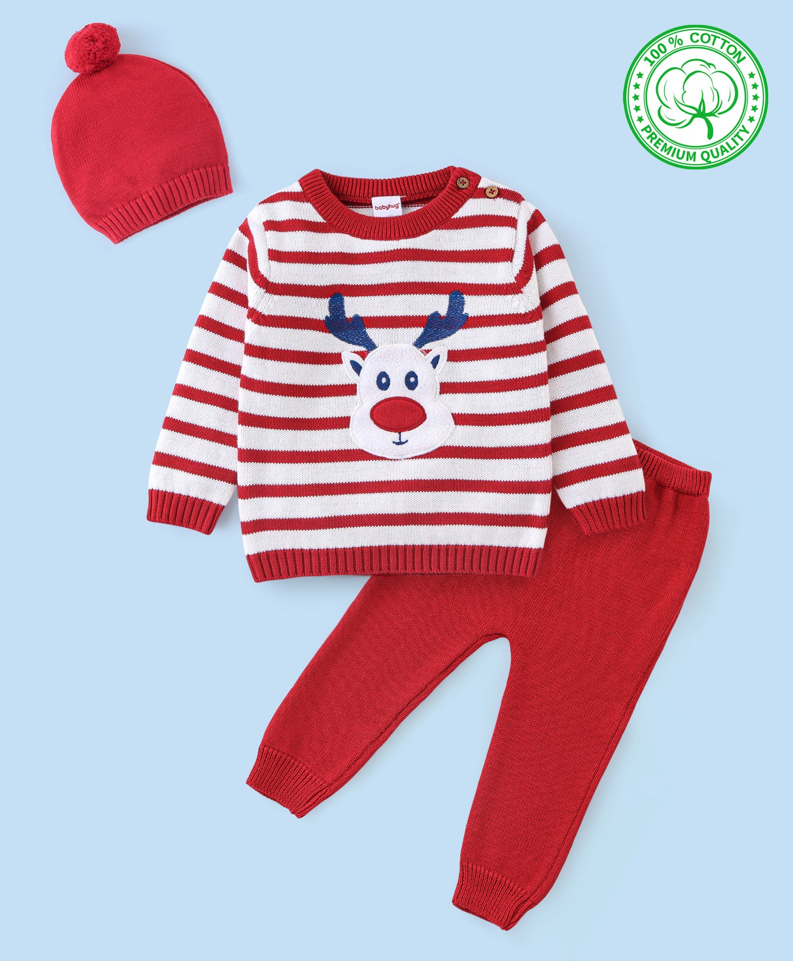 Babyhug Organic Cotton Full Sleeves Sweater Set Stripes Design With Reindeer Embroidery- Red & White-picture-12
