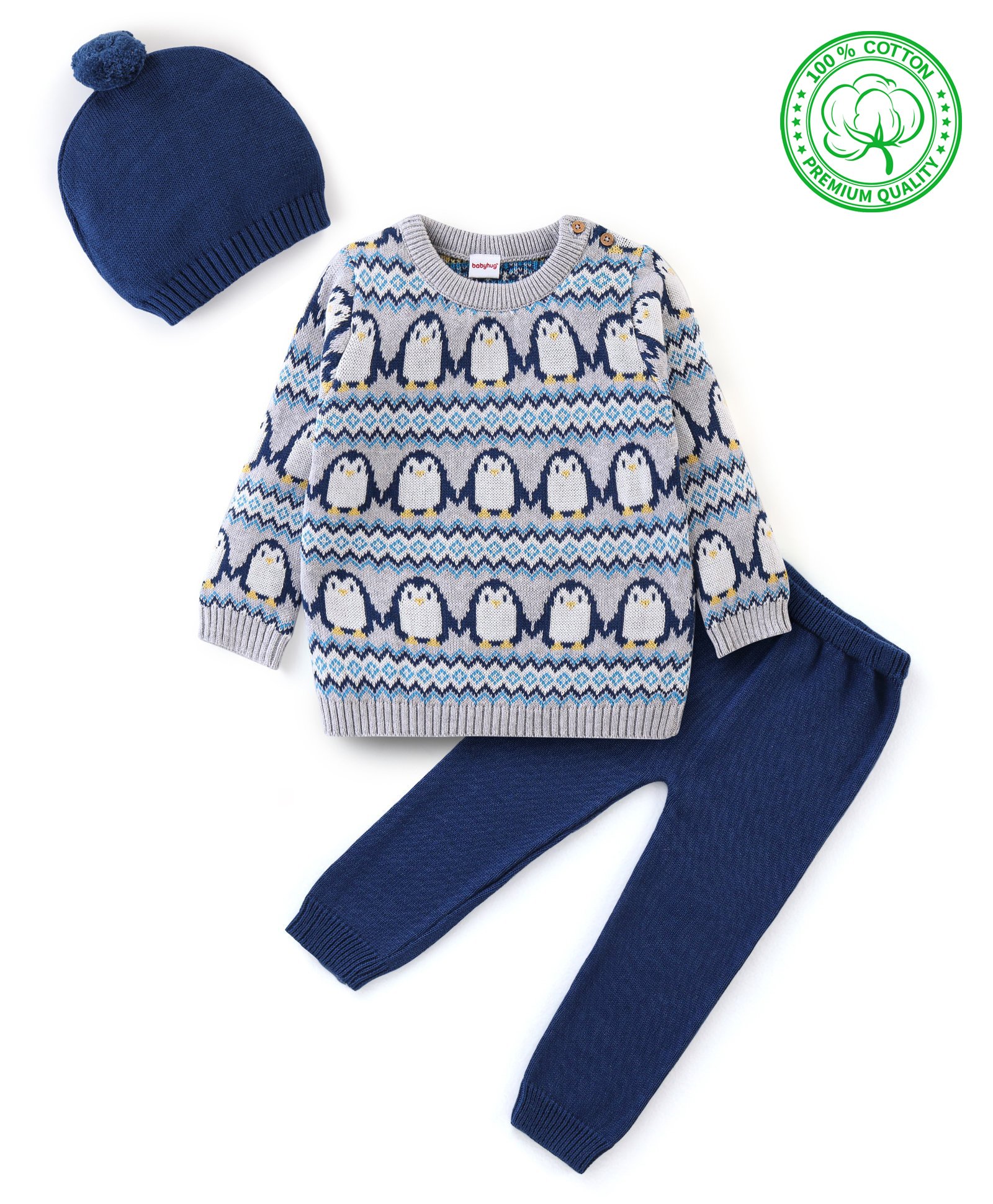 Babyhug Organic Cotton Full Sleeves Sweater Set with Cap Penguin Design - Grey & Navy-image-49
