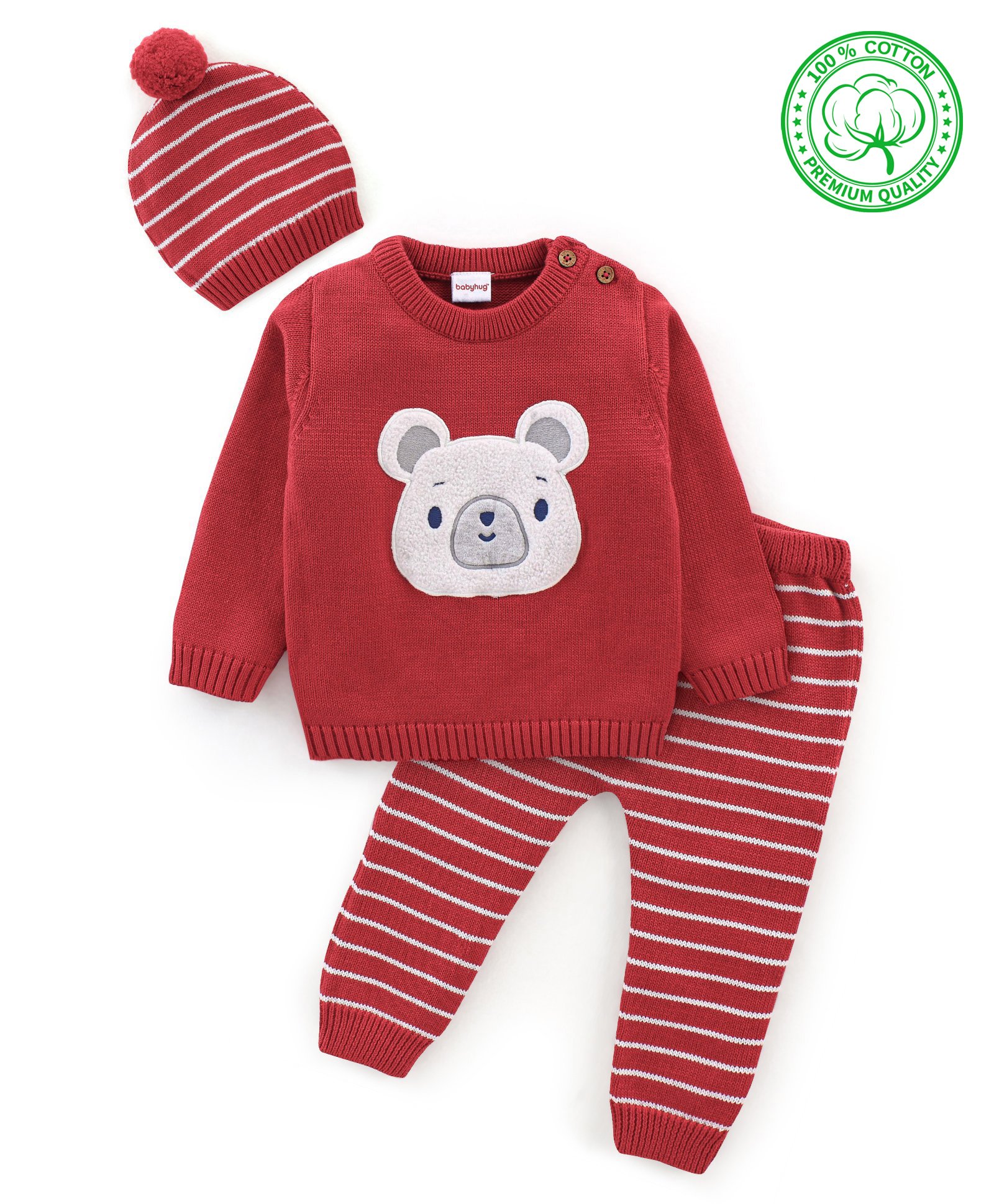 Babyhug Acrylic Knit Full Sleeves Sweater Set Teddy Embroidery - Red-image-29
