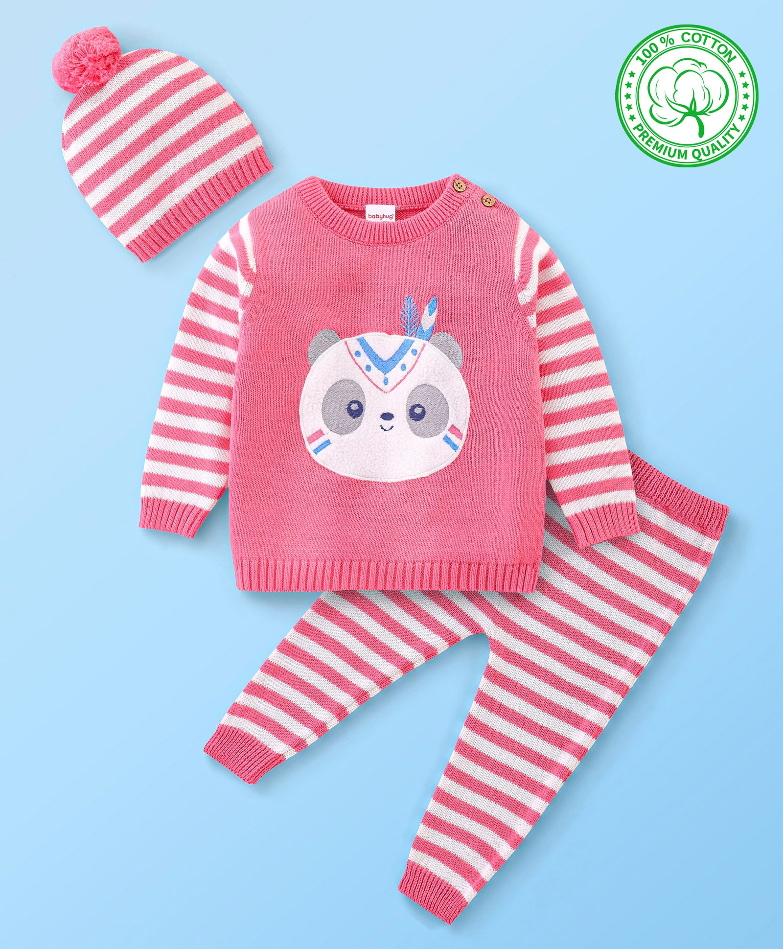 Babyhug Organic Cotton Full Sleeves Panda Design & Striped Sweater Set - Pink-image-43