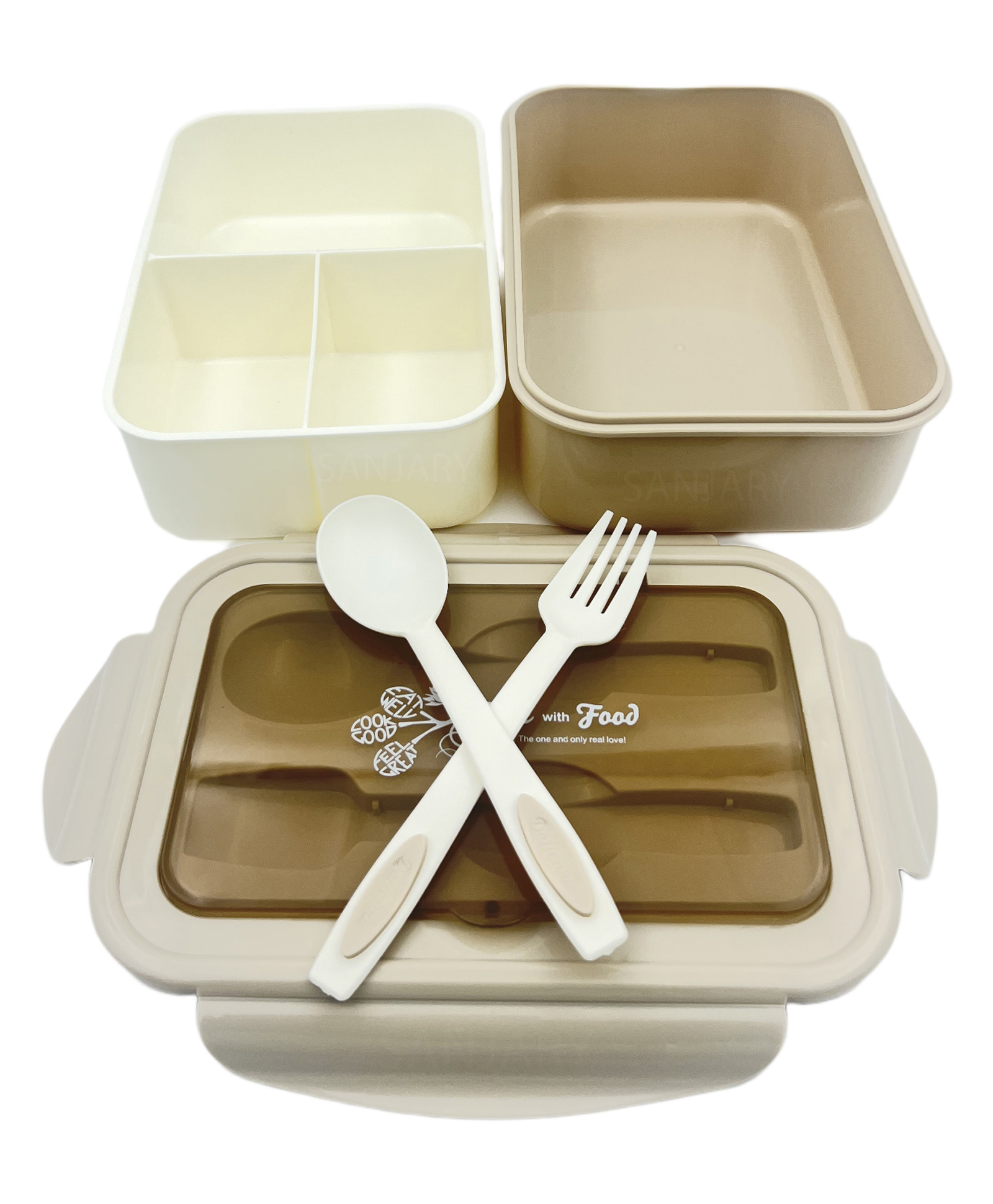 Sanjary Yin & Yummy Plastic Lunch Box With Spoon & Fork - Brown-image-21