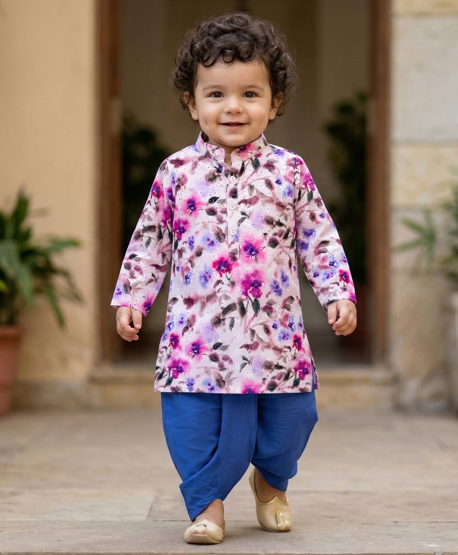 Babyoye Cotton Woven Floral Printed Full Sleeves Kurta Dhoti Set - Multicolour-image-7