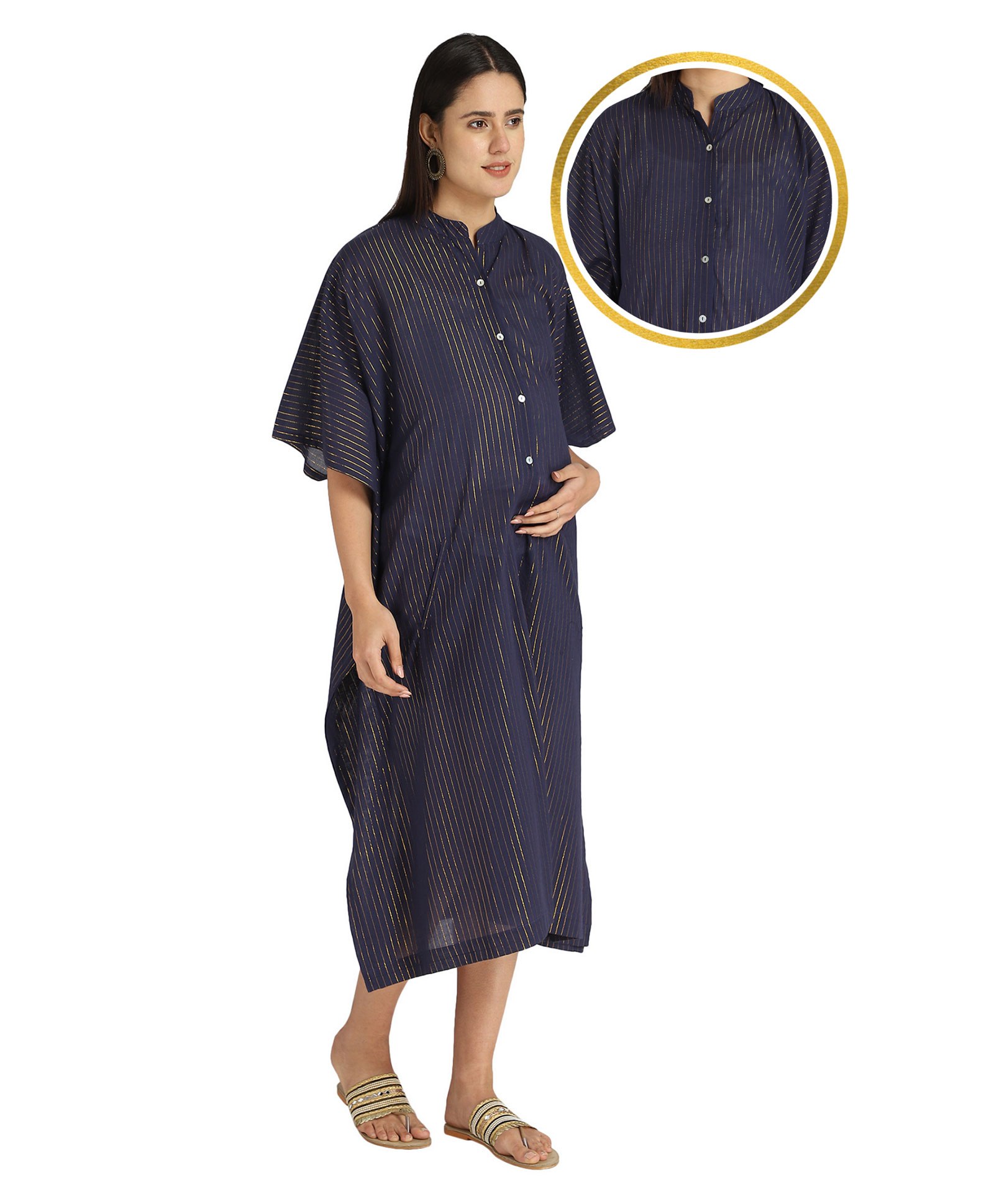 Zelena Three Fourth Sleeves Striped Maternity Dress - Blue-image-39