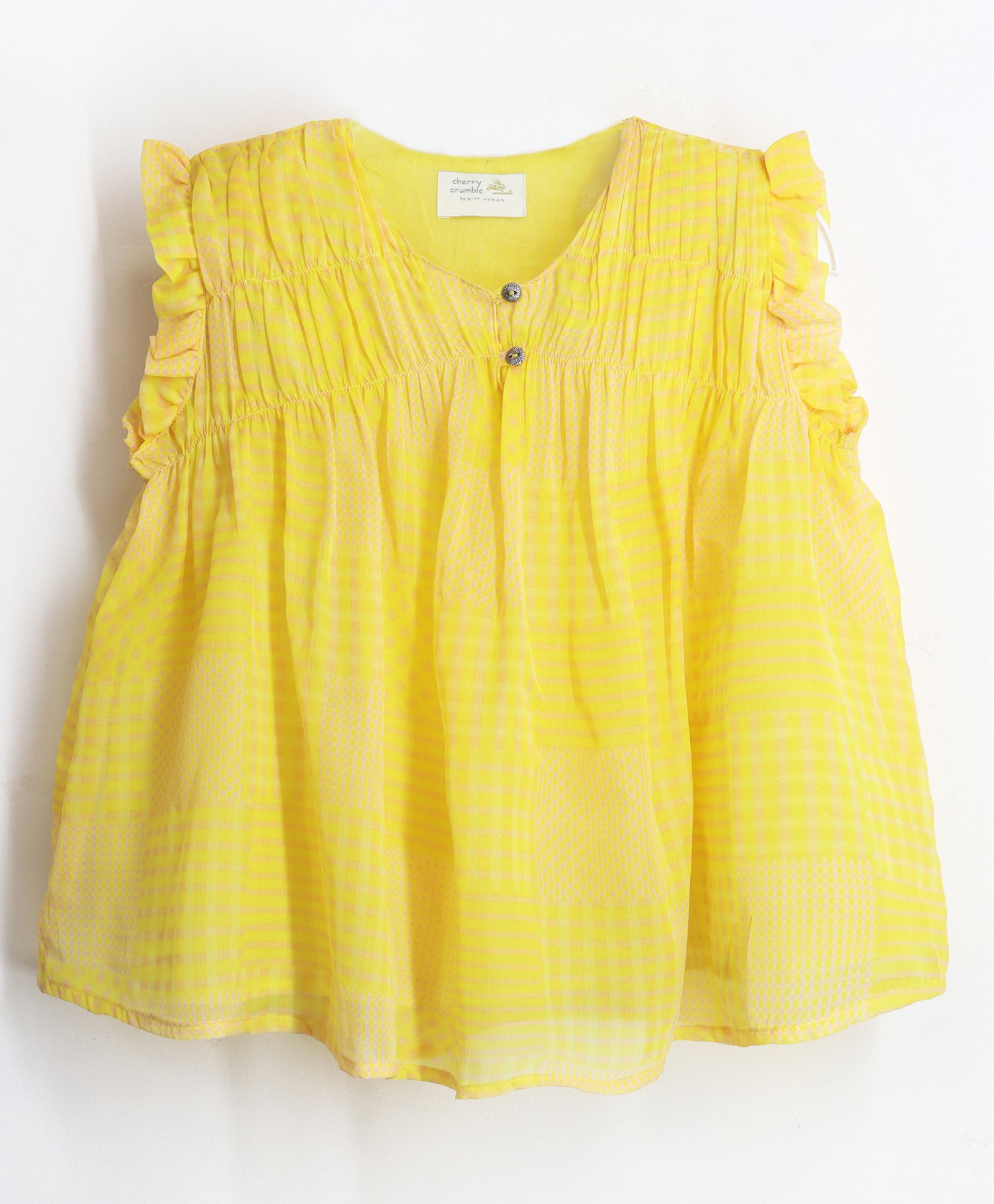 Cherry Crumble By Nitt Hyman Frill Sleeves  Candy Striped Self Design Button Closure Top - Mustard Yellow-image-16