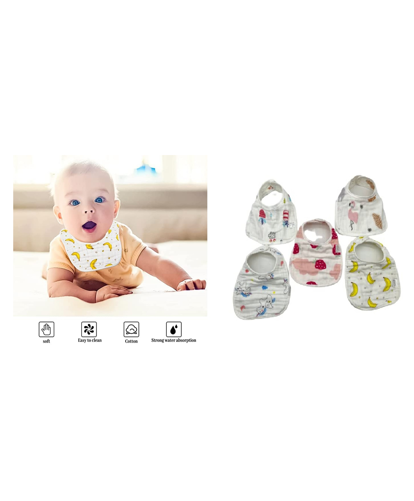 MOMISY Muslin Pure Cotton Cartoon Print 8 Layer Baby Feeding Bibs Set of 5- Multicolor-picture-14
