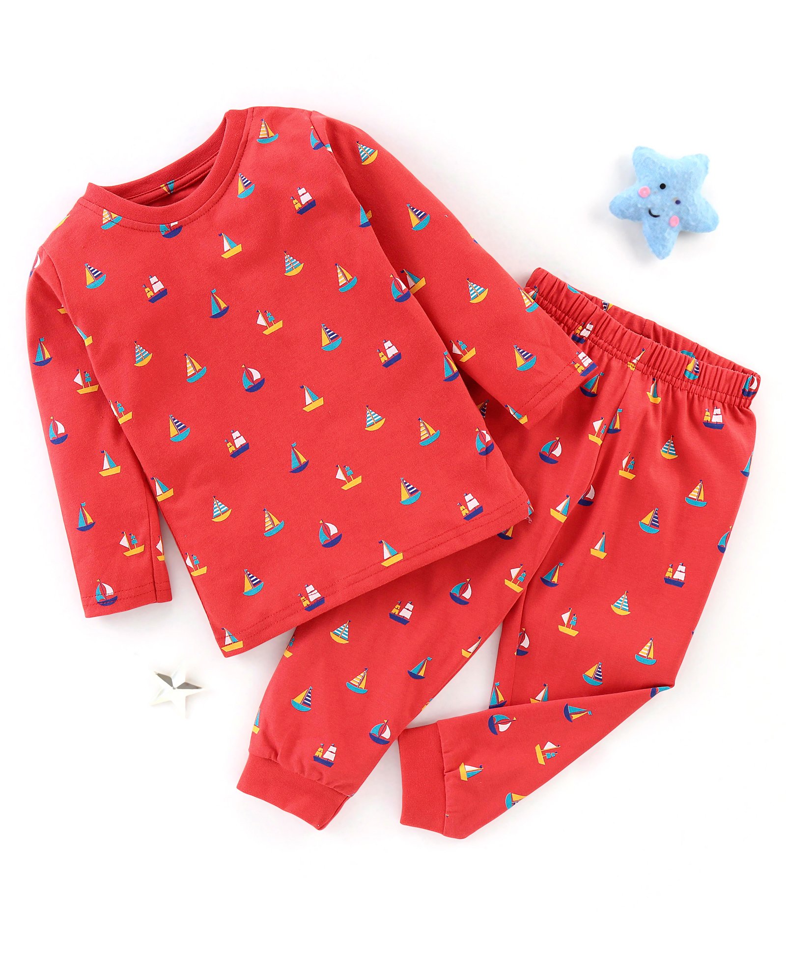 Babyhug Cotton Knit Full Sleeves Boat Printed Night Suit - Coral Red-image-6