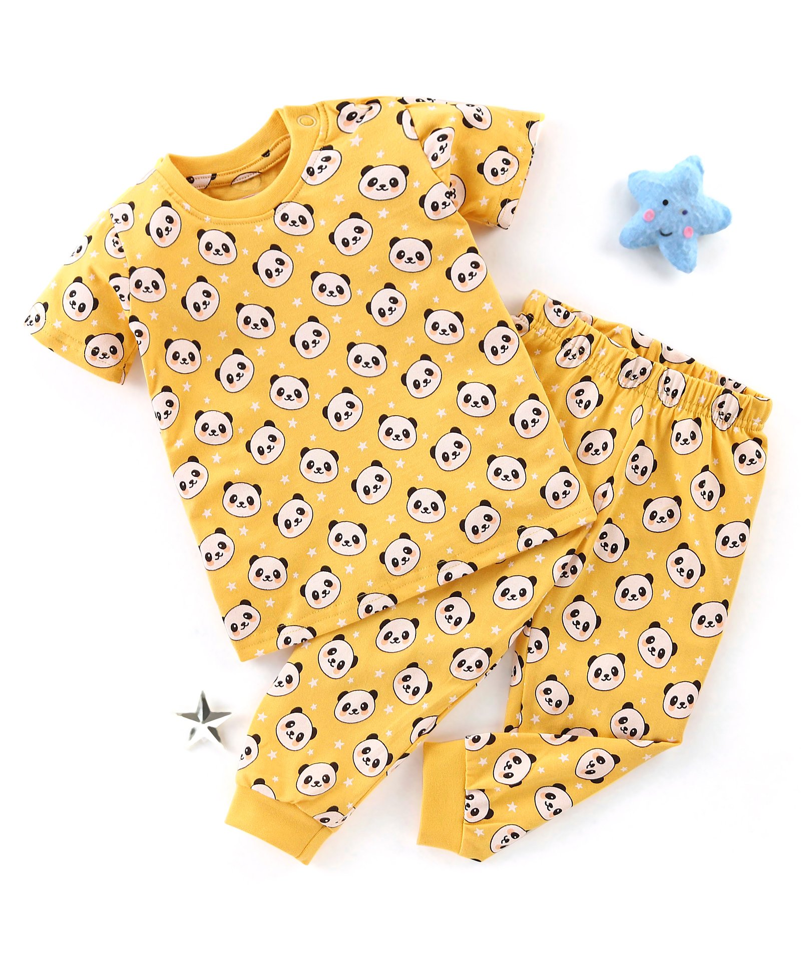 Babyhug Cotton Knit Half Sleeves Panda Printed Night Suit - Yellow-image-36