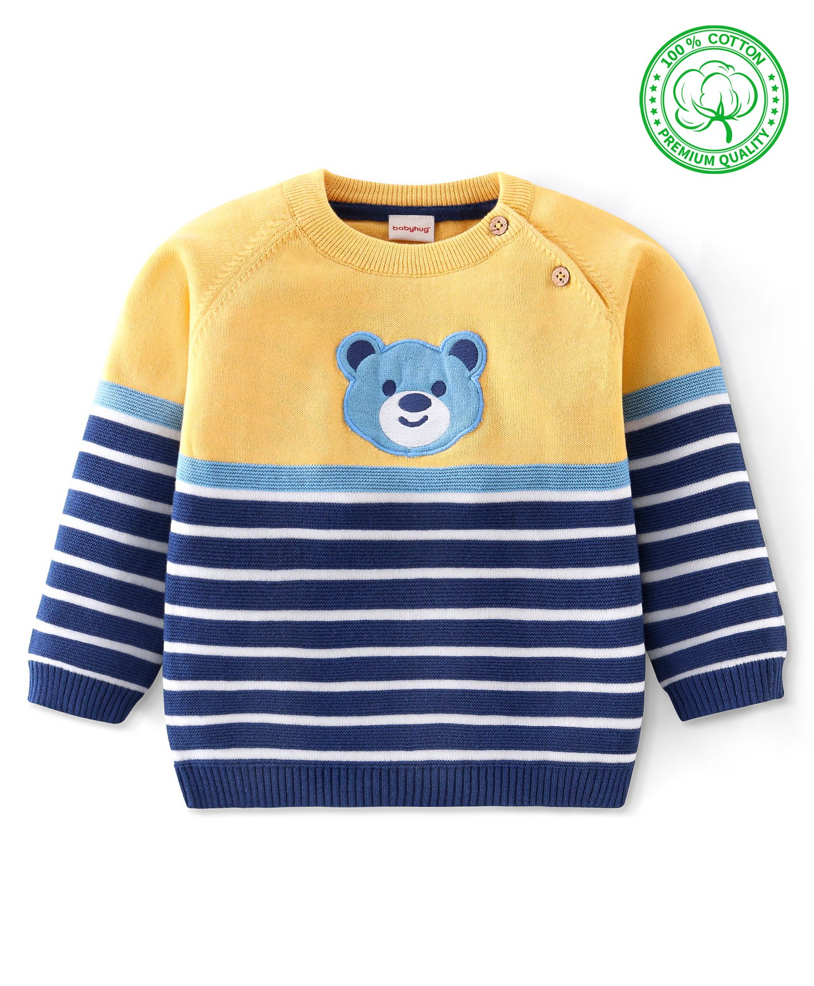 Babyhug Organic Cotton Knit Full Sleeves Striped Sweater with Teddy Applique - Navy & Yellow-picture-12
