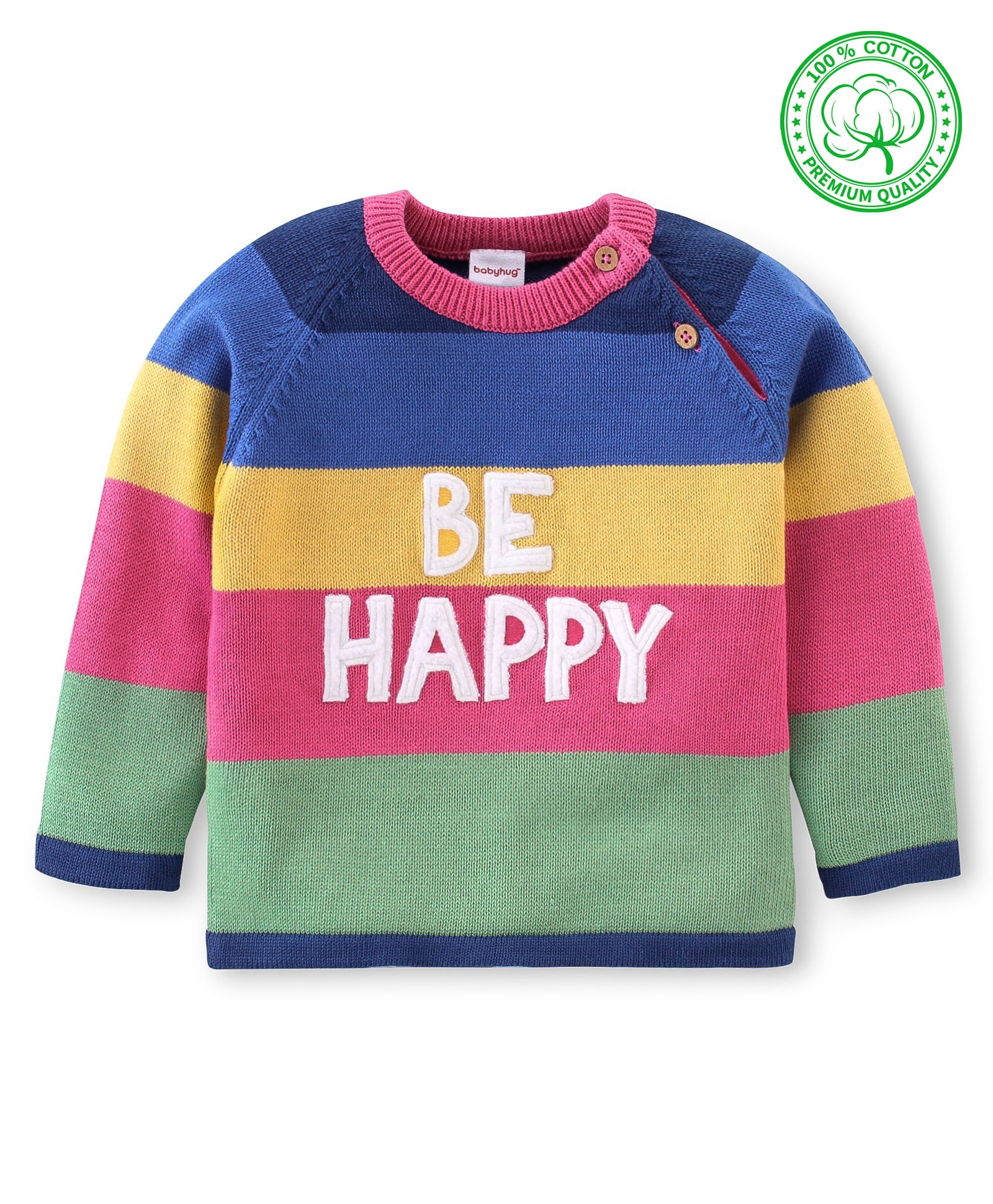 Babyhug Organic Cotton Knit Full Sleeves Sweater Text Embroidery - Green Blue & Pink-image-43