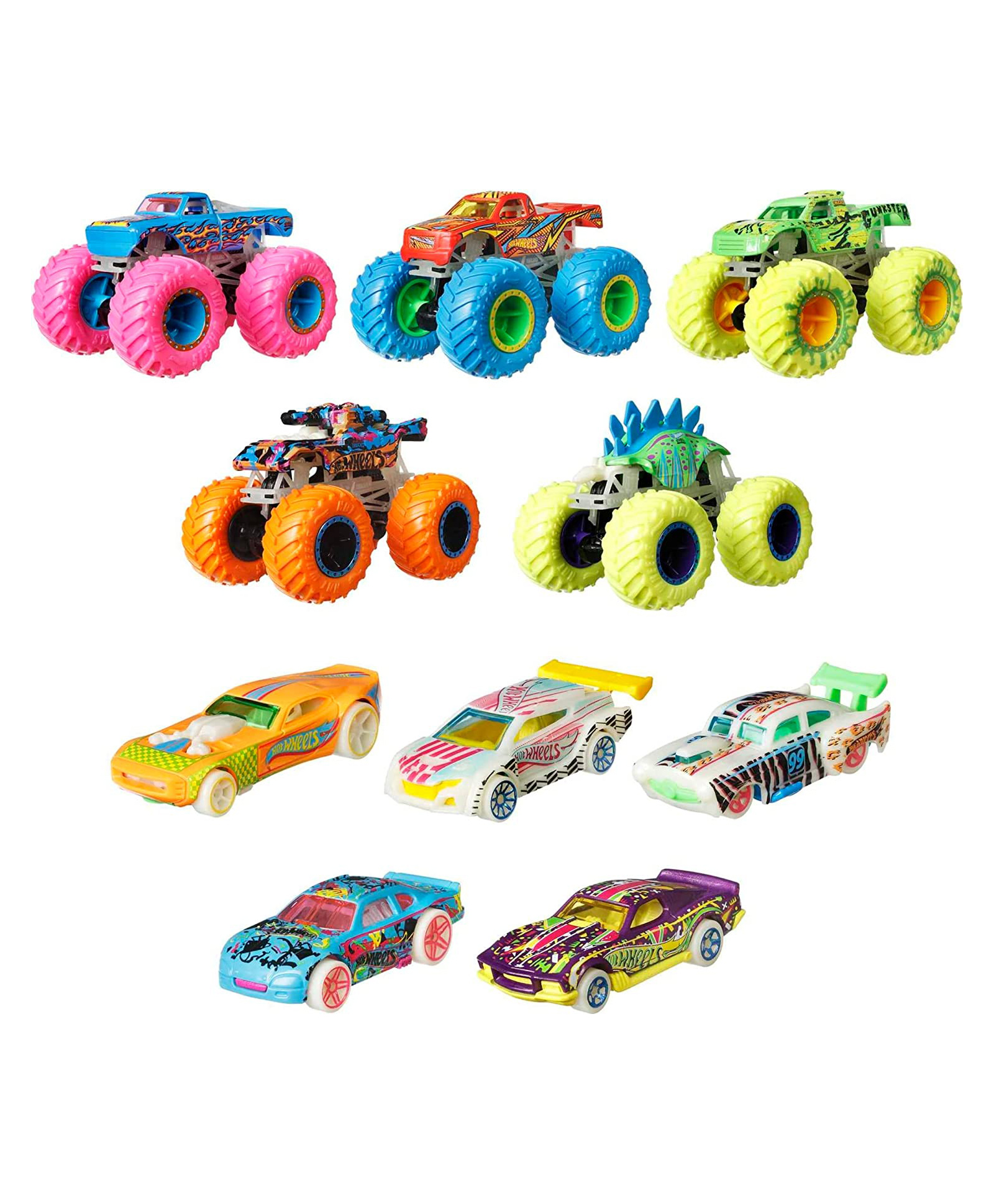 Hot Wheels Monster Trucks Glow In Dark Multipack With 10 Free Wheels Toy Vehicles 5 Monster Trucks & 5 Cars (Colour & Design May Vary)-image-31